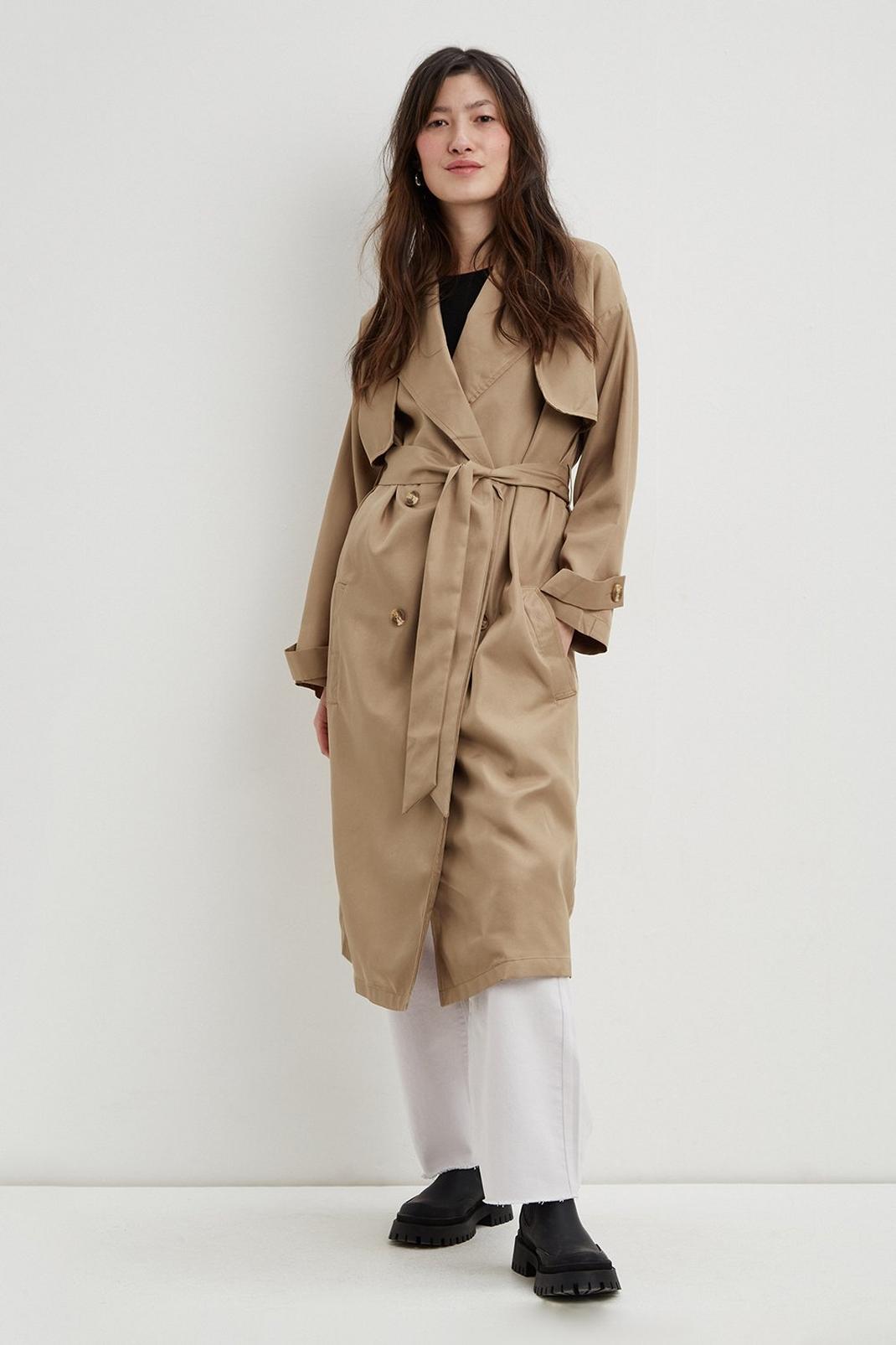 Khaki Petite Belted Button Cuff Trench Coat  image number 1