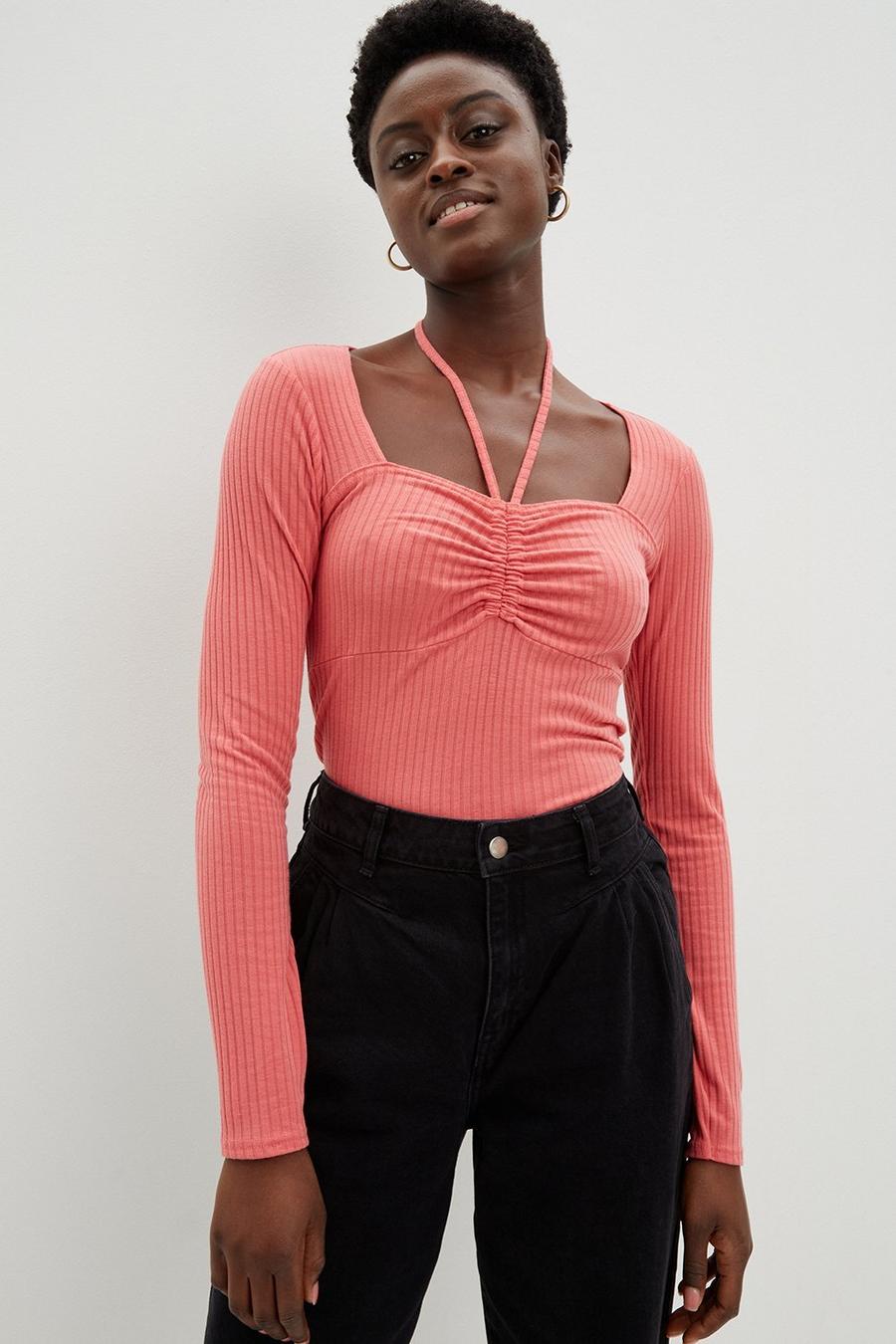 Ruched Front Strappy Halter Long Sleeve Top