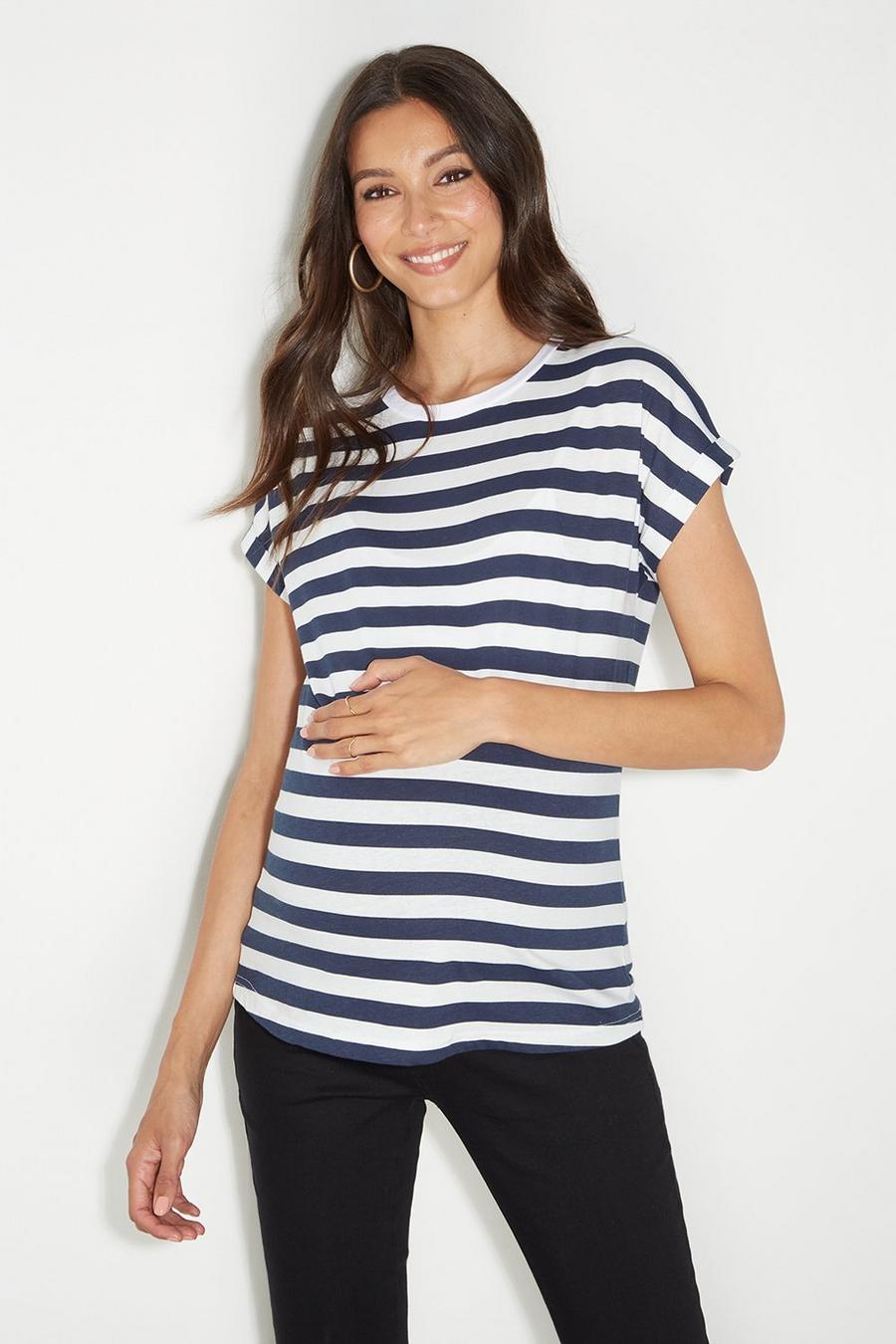 Maternity Stripe Roll Sleeve T Shirt