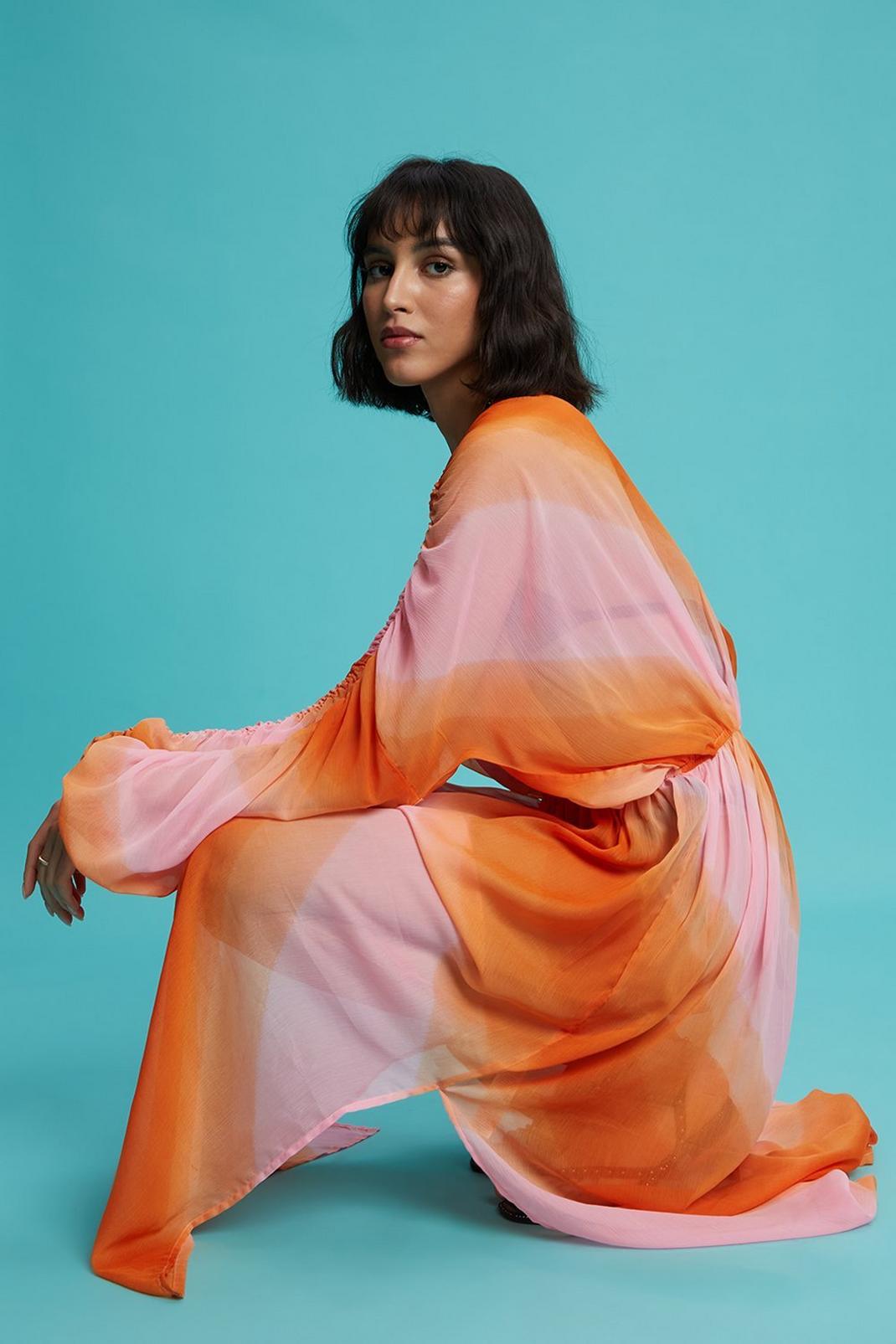 Pink And Orange Ombre Chiffon Ruched Kaftan image number 1