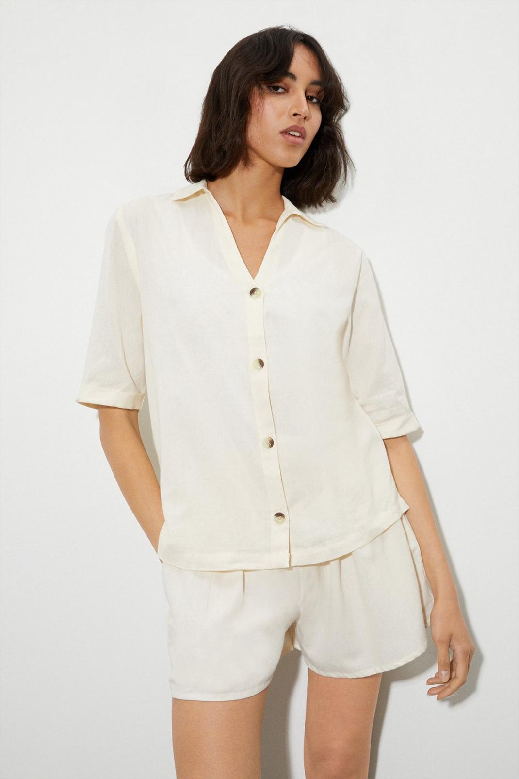 Cream Tall Short Sleeve Linen Look Shirt image number 1