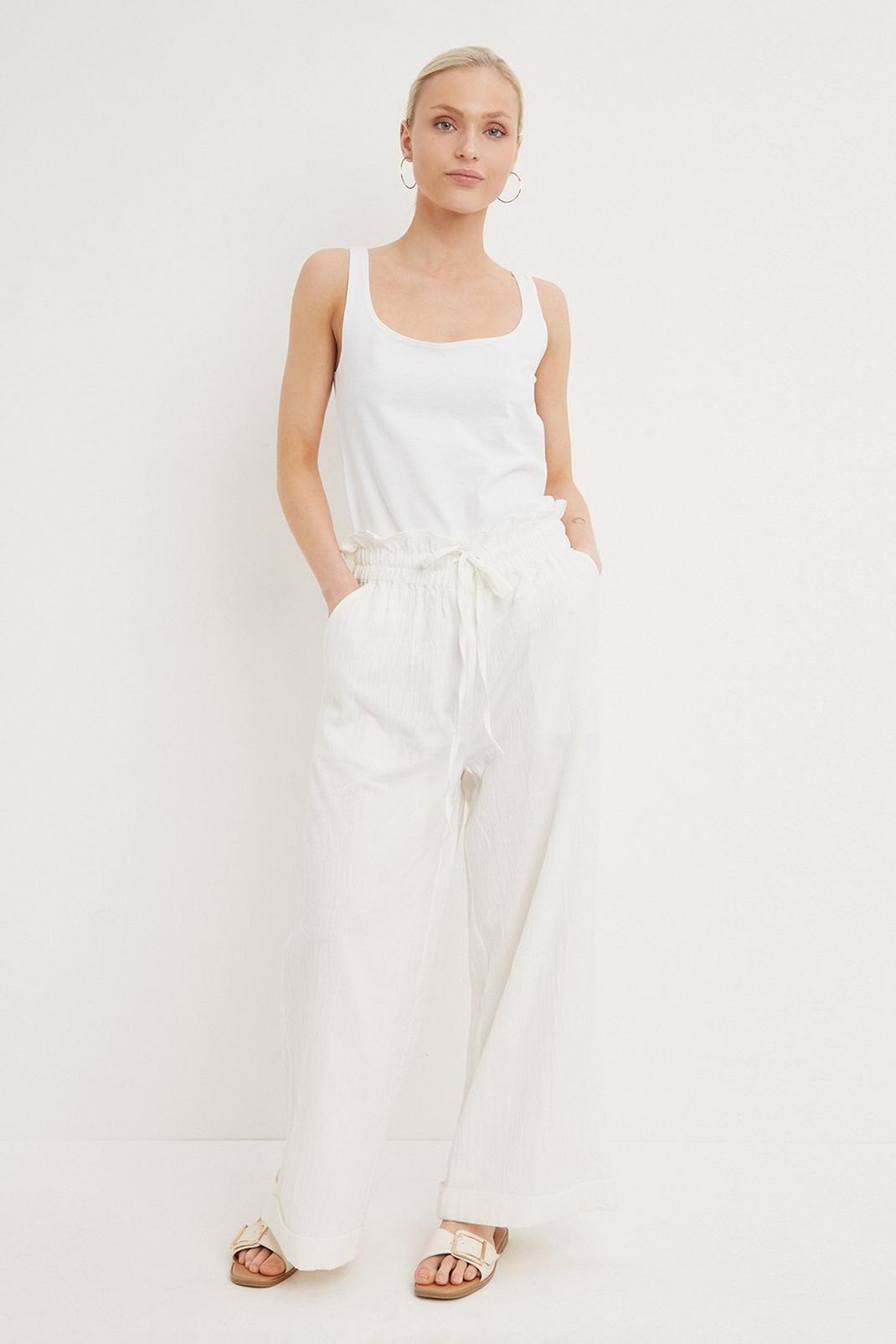 White Petite Paperbag Linen Look Wide Leg Trousers image number 1