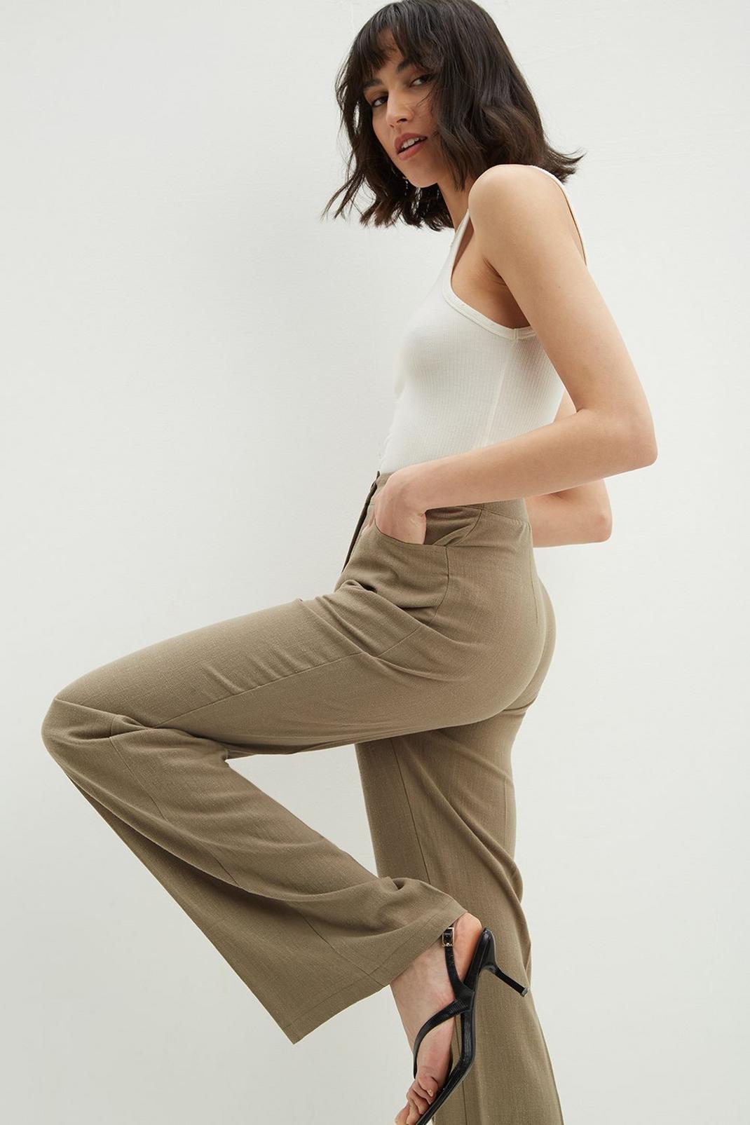 Khaki Tall Linen Look Wide Leg Trousers image number 1