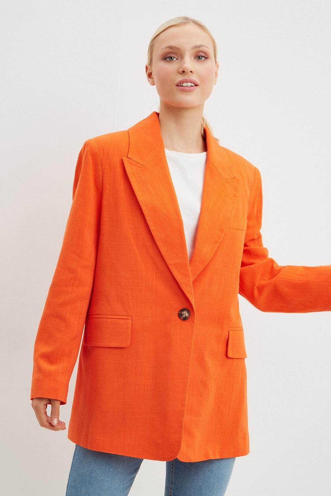 Orange Petite Longline Linen Look Boyfriend Jacket image number 1