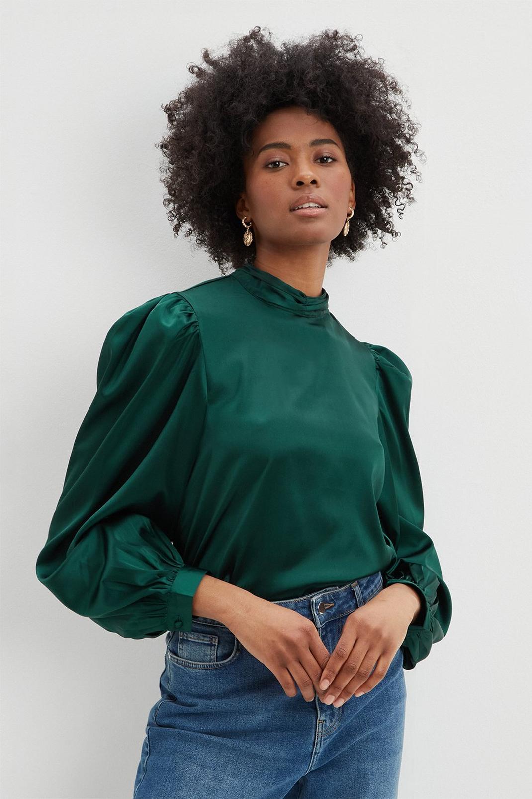 Tall Emerald Green High Neck Satin Top image number 1