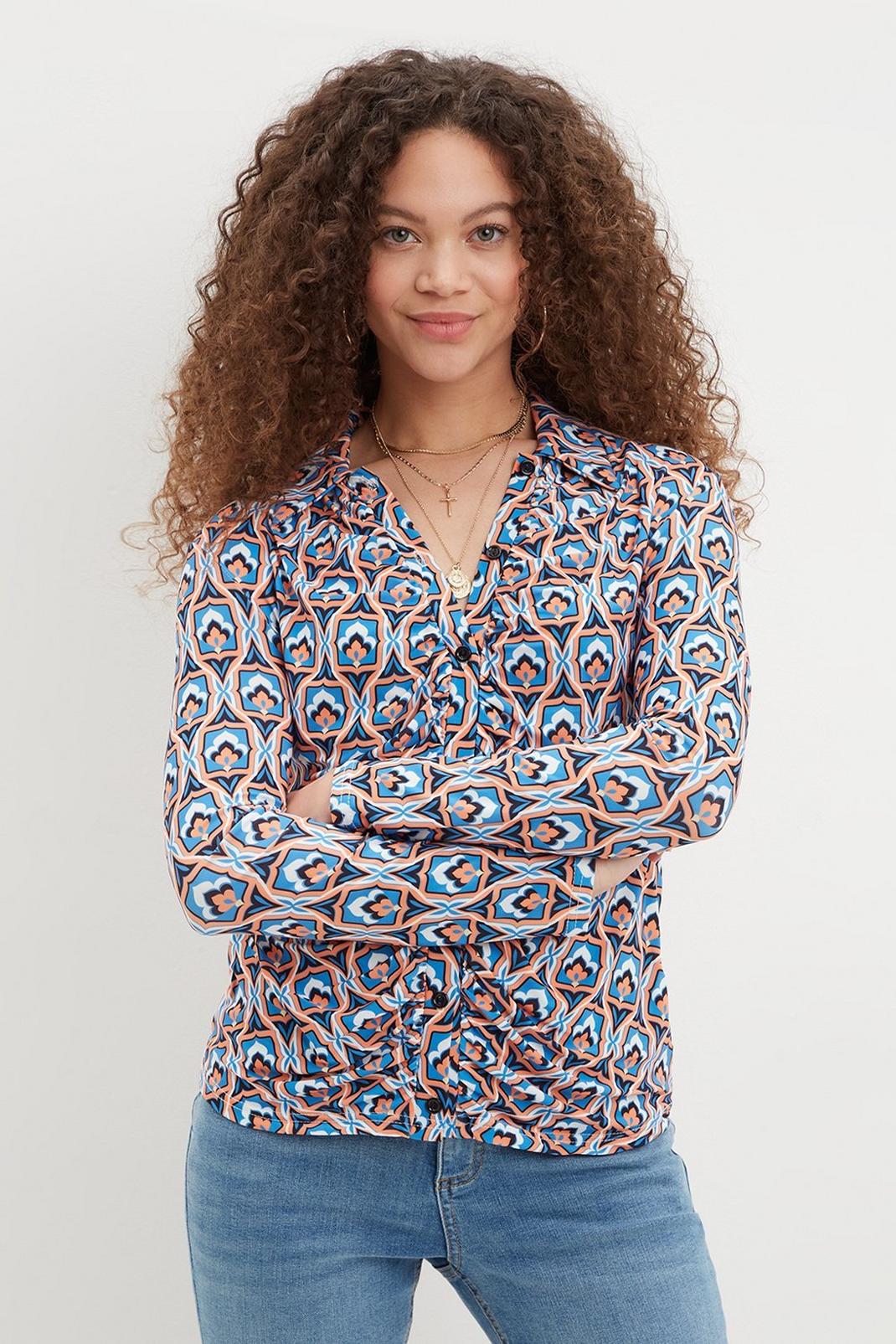 Multi Petite Geo Co-ord Ruched Shirt image number 1