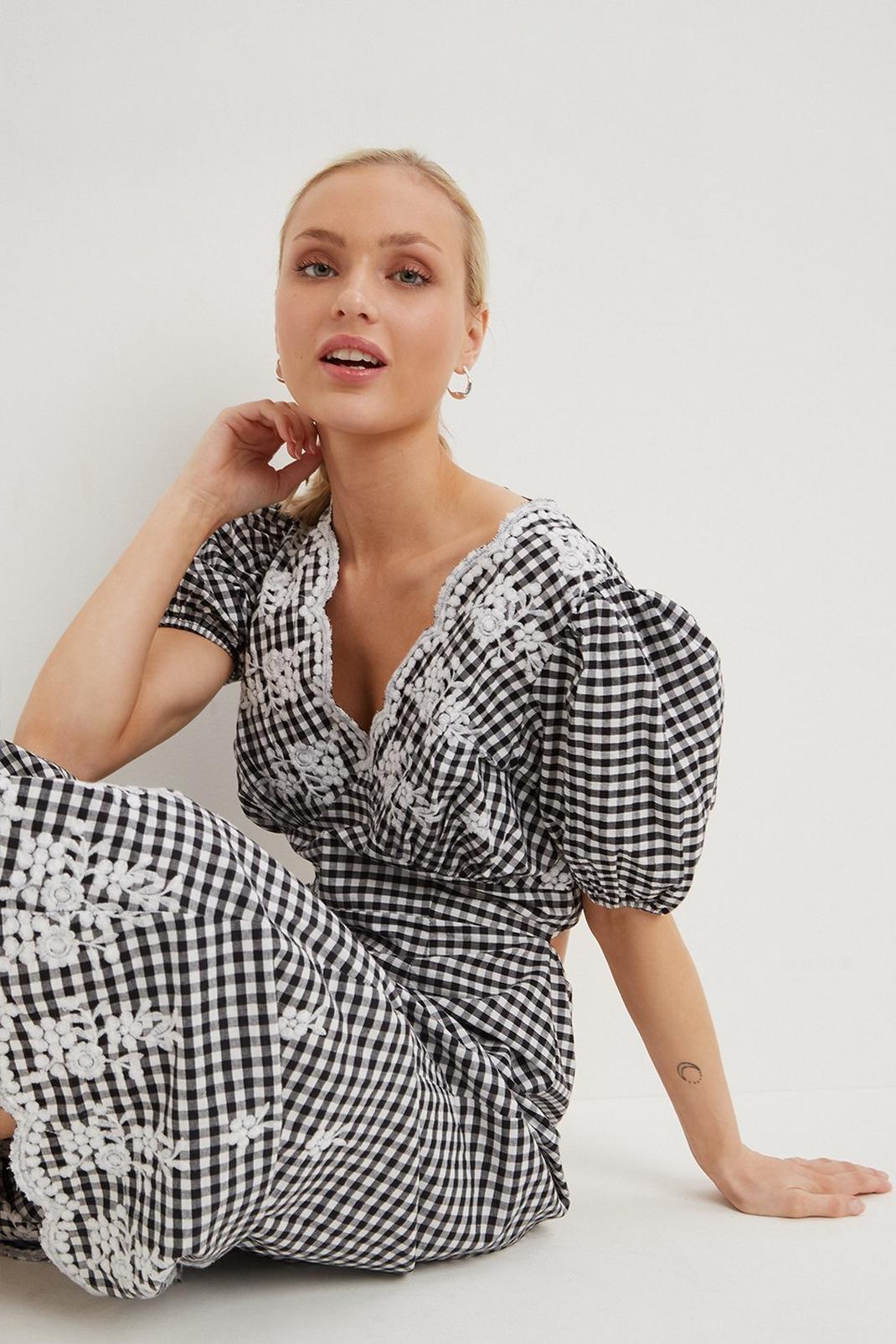 Mono Petite Open Back Gingham Embroidered Midi Dress image number 1