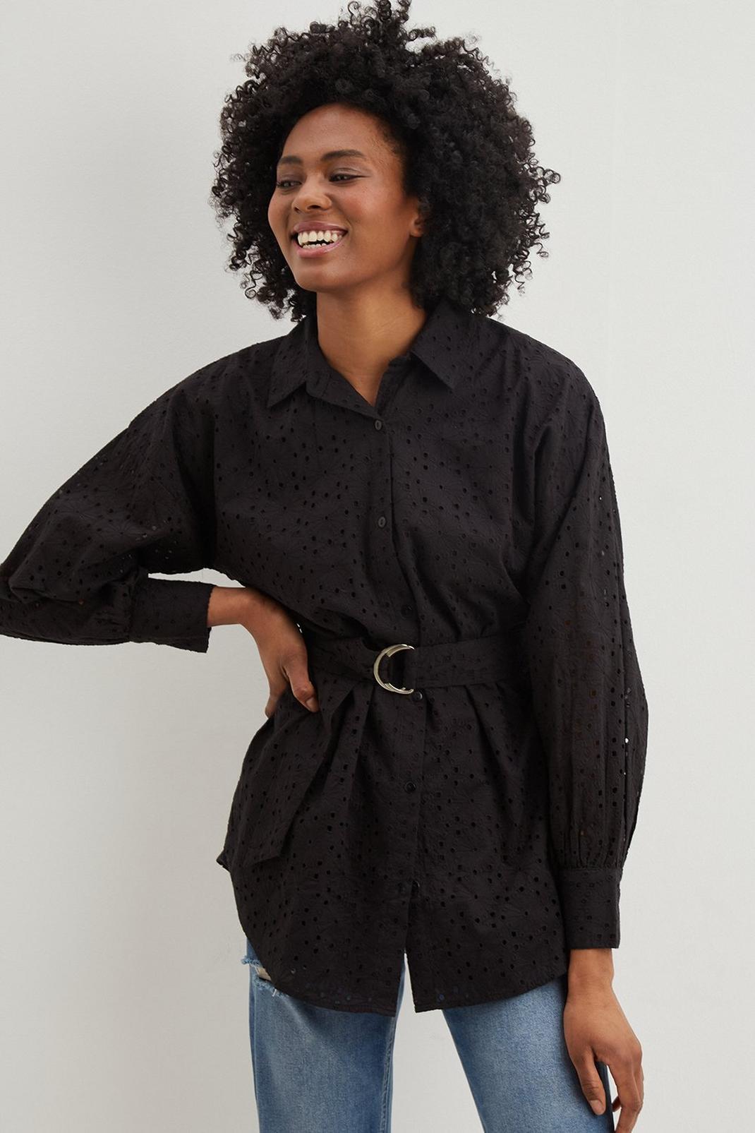 Black Tall Broderie Belted Shirt image number 1