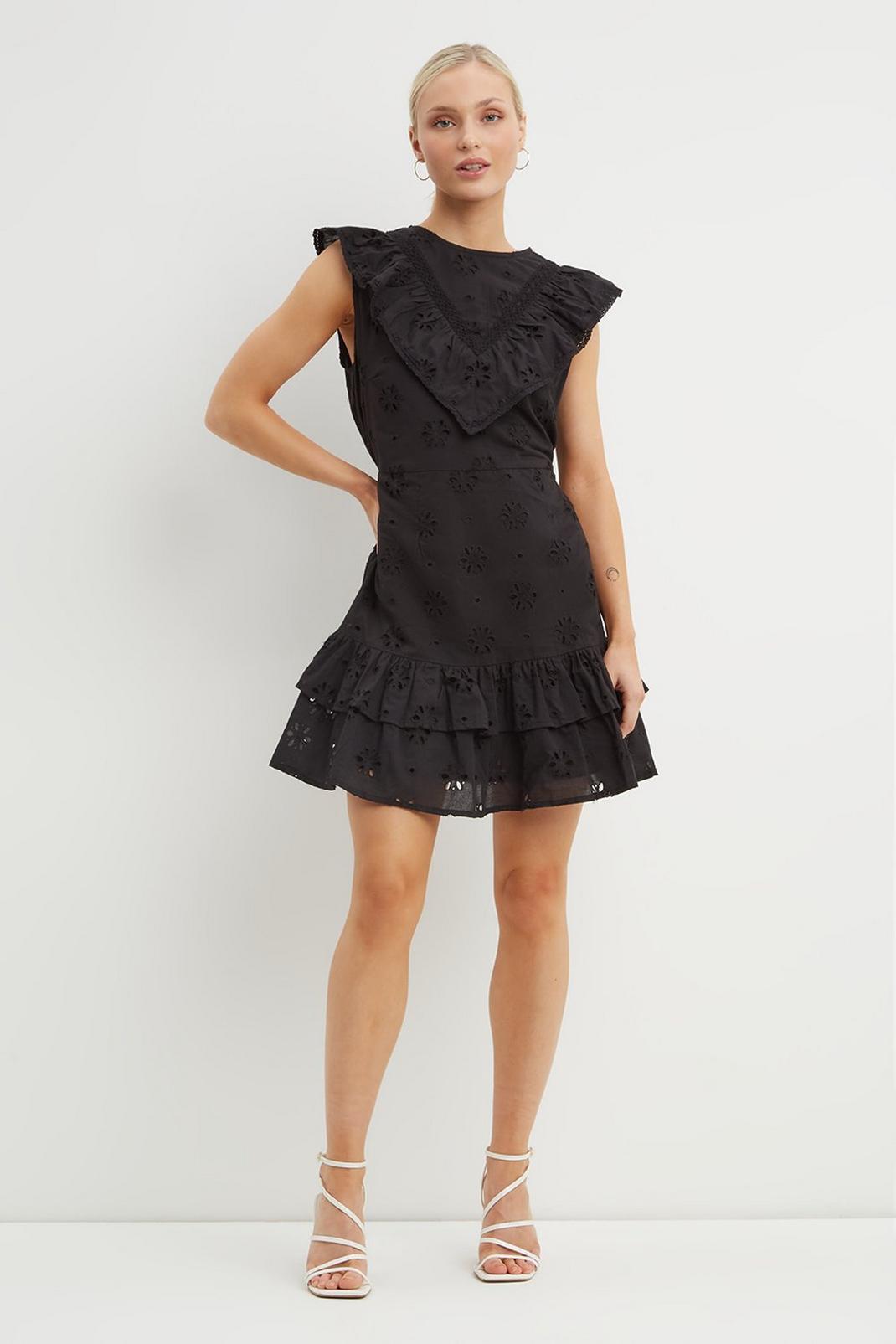 Black Petite Broderie Frill Hem Mini Dress image number 1