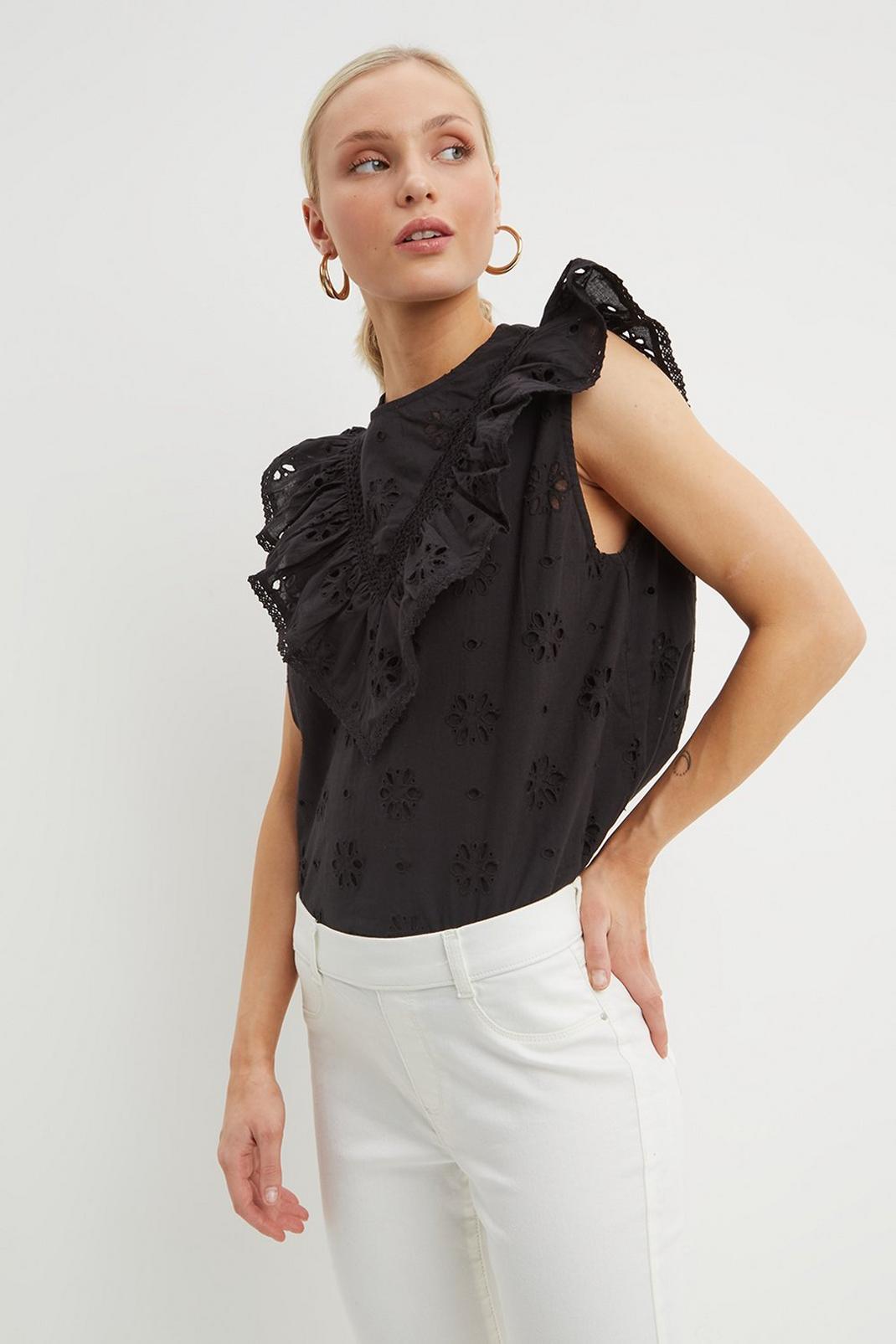 Black Petite Broderie Ruffle Shell Top image number 1