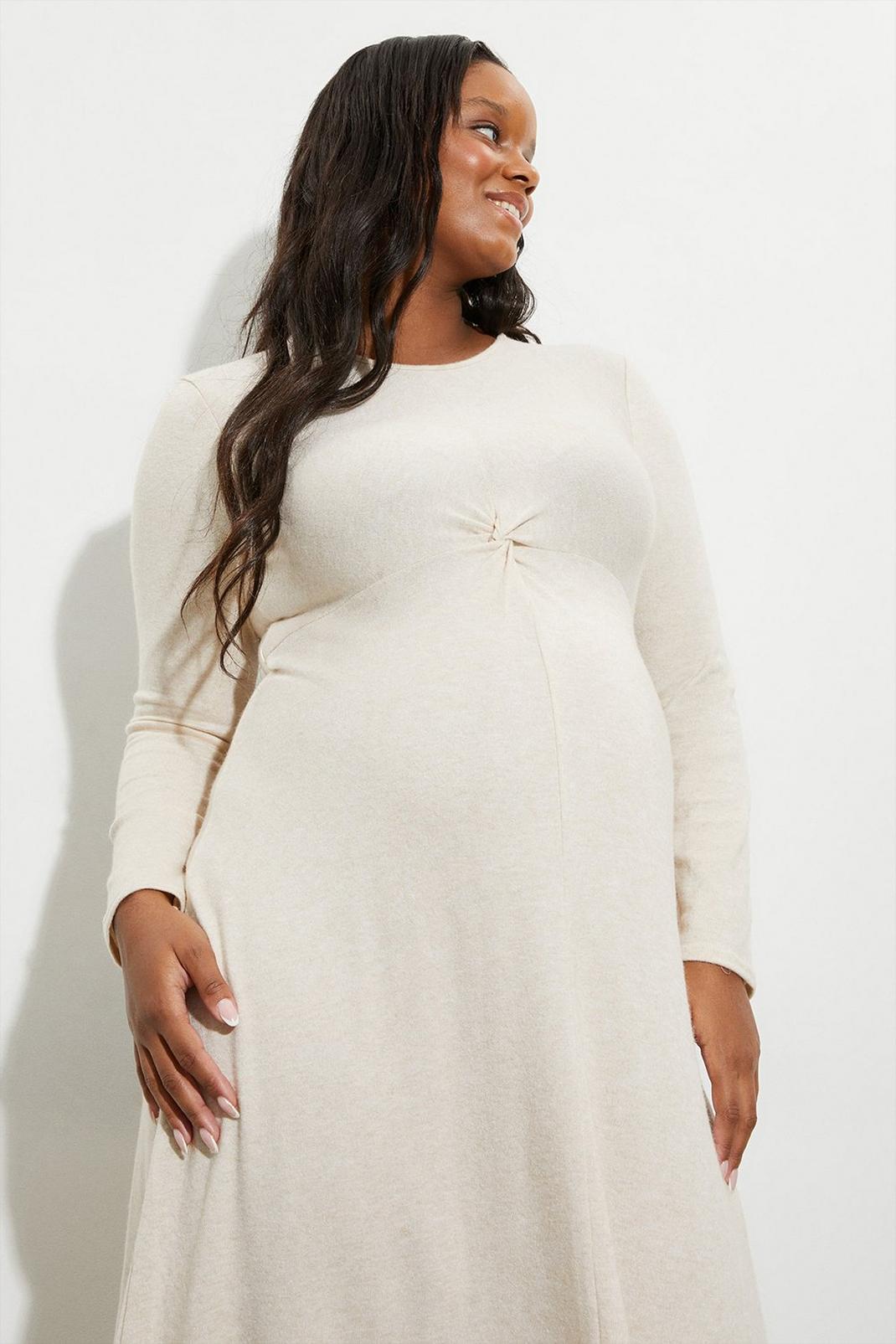 Oatmeal Maternity Twist Front Long Sleeve Midi Dress image number 1