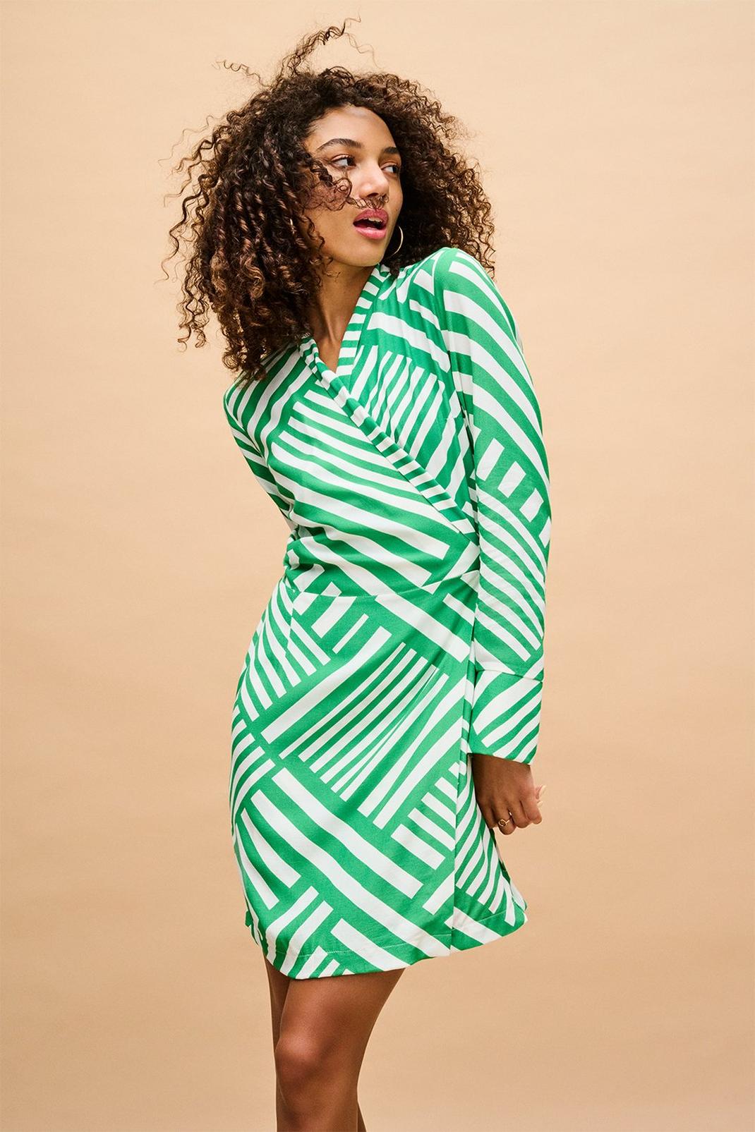 Green Stripe Geo Wrap Mini Dress image number 1