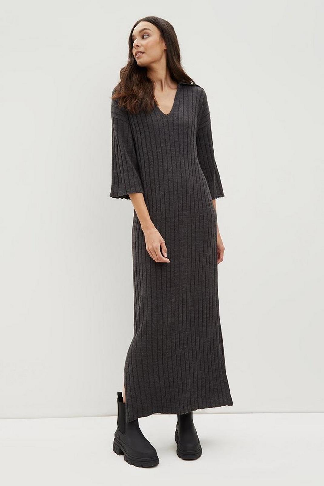 Charcoal Tall Oversized Collar Knitted Midi Dress image number 1