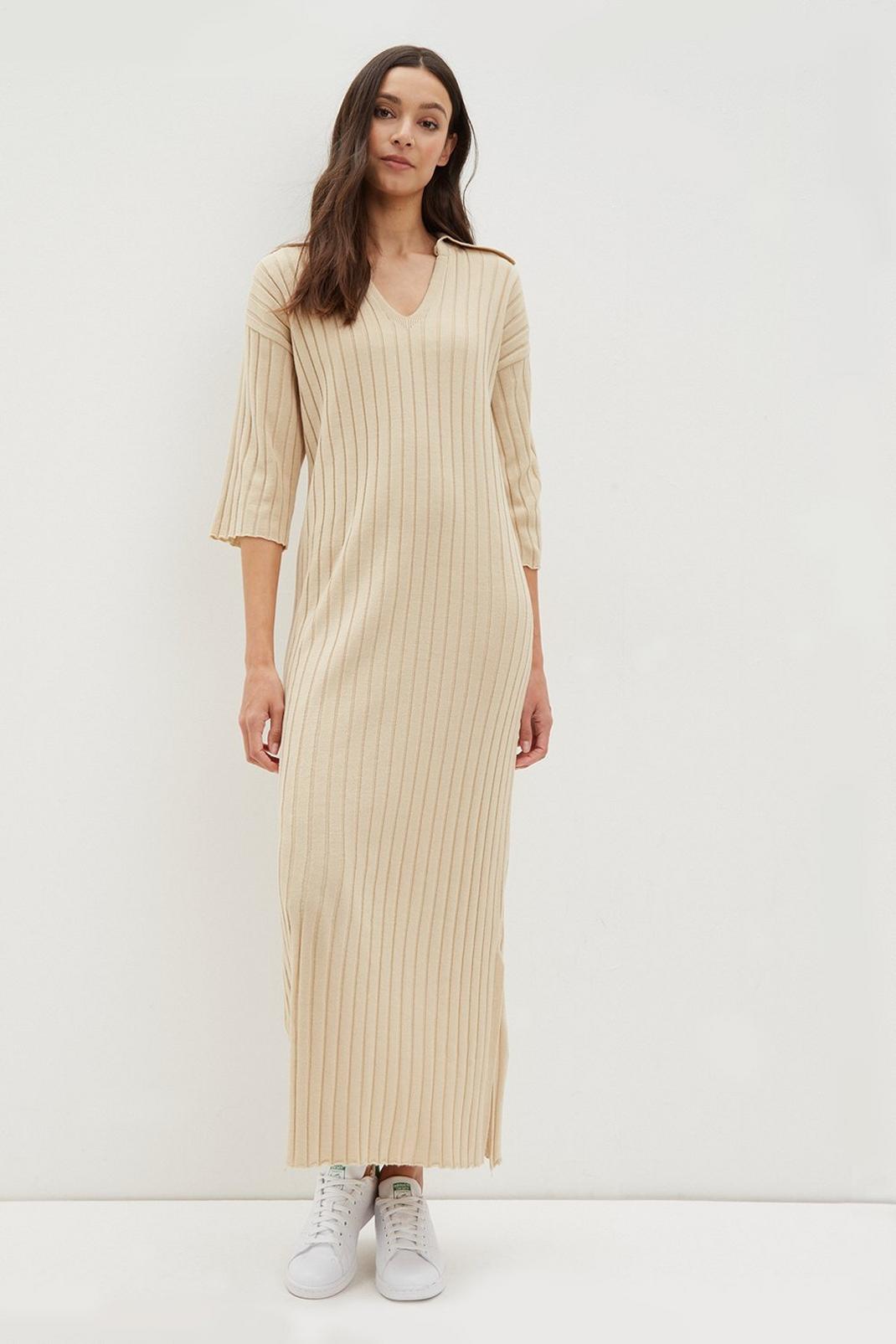 Oatmeal Tall Oversized Collar Knitted Midi Dress image number 1