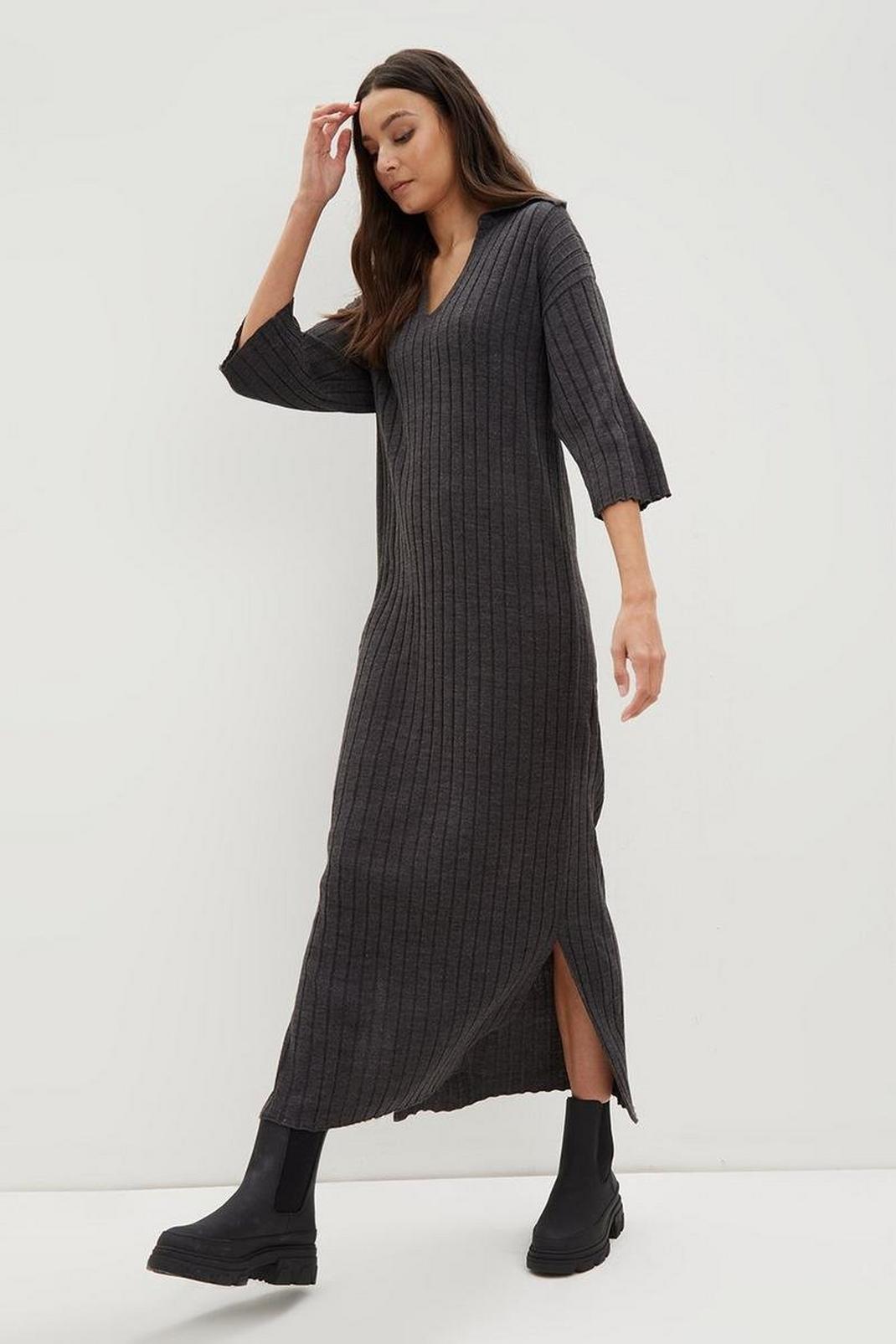 115 Petite Oversized Collar Knitted Midi Dress image number 2