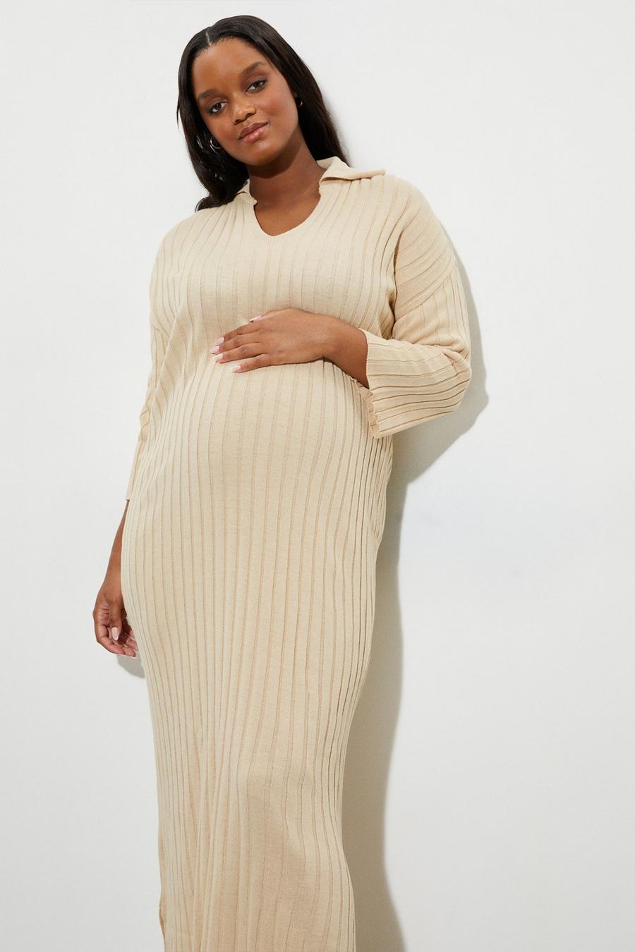 Maternity Oversized Collar Knitted Midi Dress