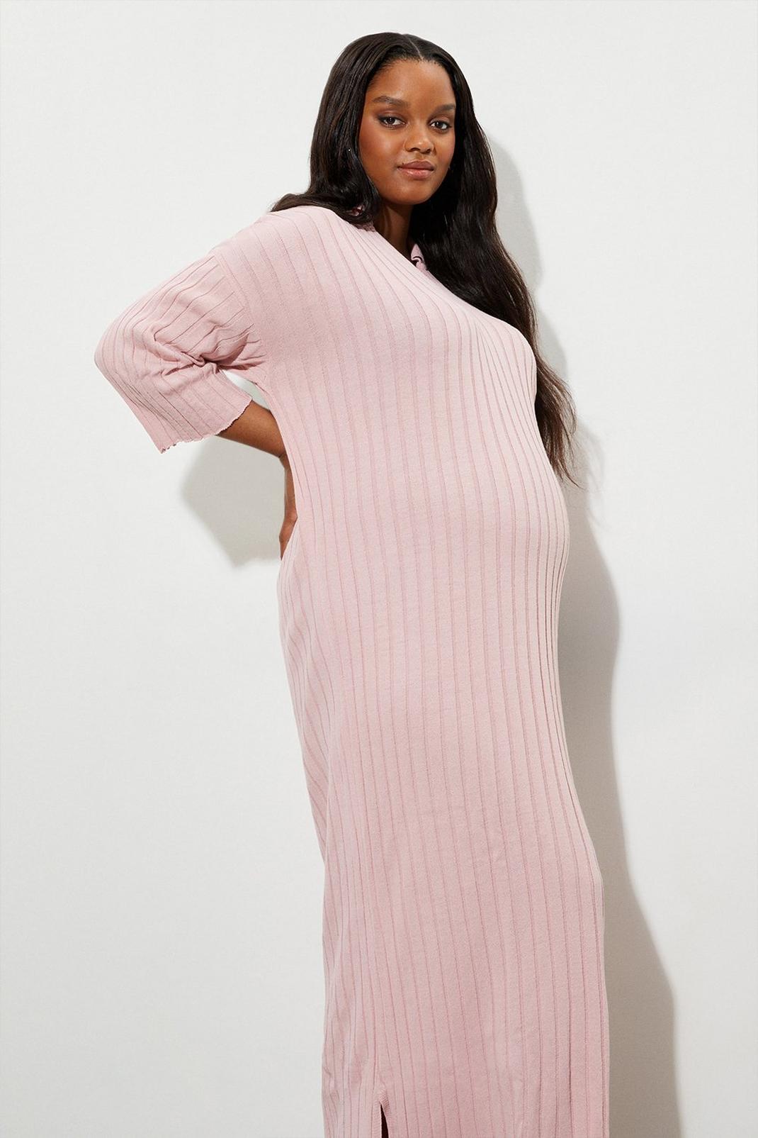 Pink Maternity Oversized Collar Knitted Midi Dress image number 1