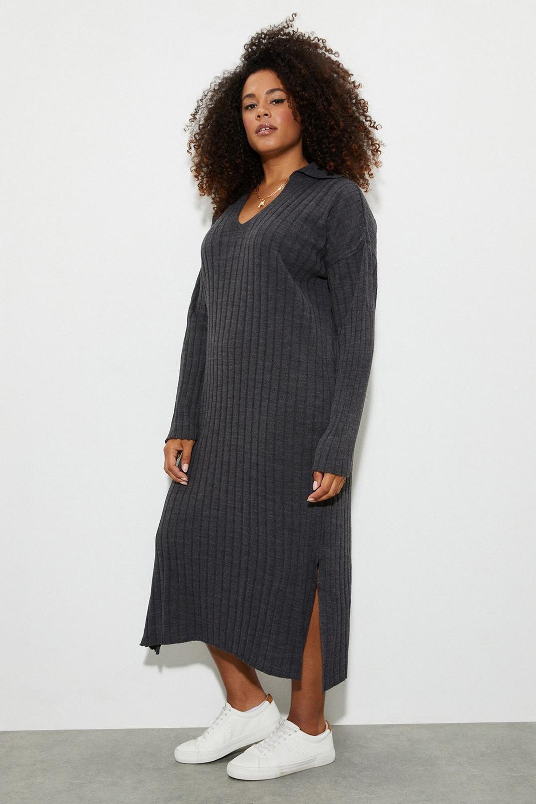 Charcoal Curve Collar Knitted Midi Dress image number 1