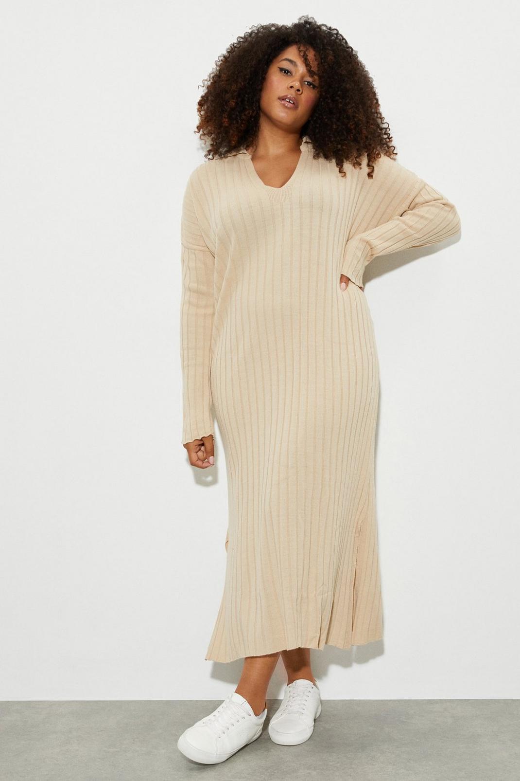 Oatmeal Curve Collar Knitted Midi Dress image number 1