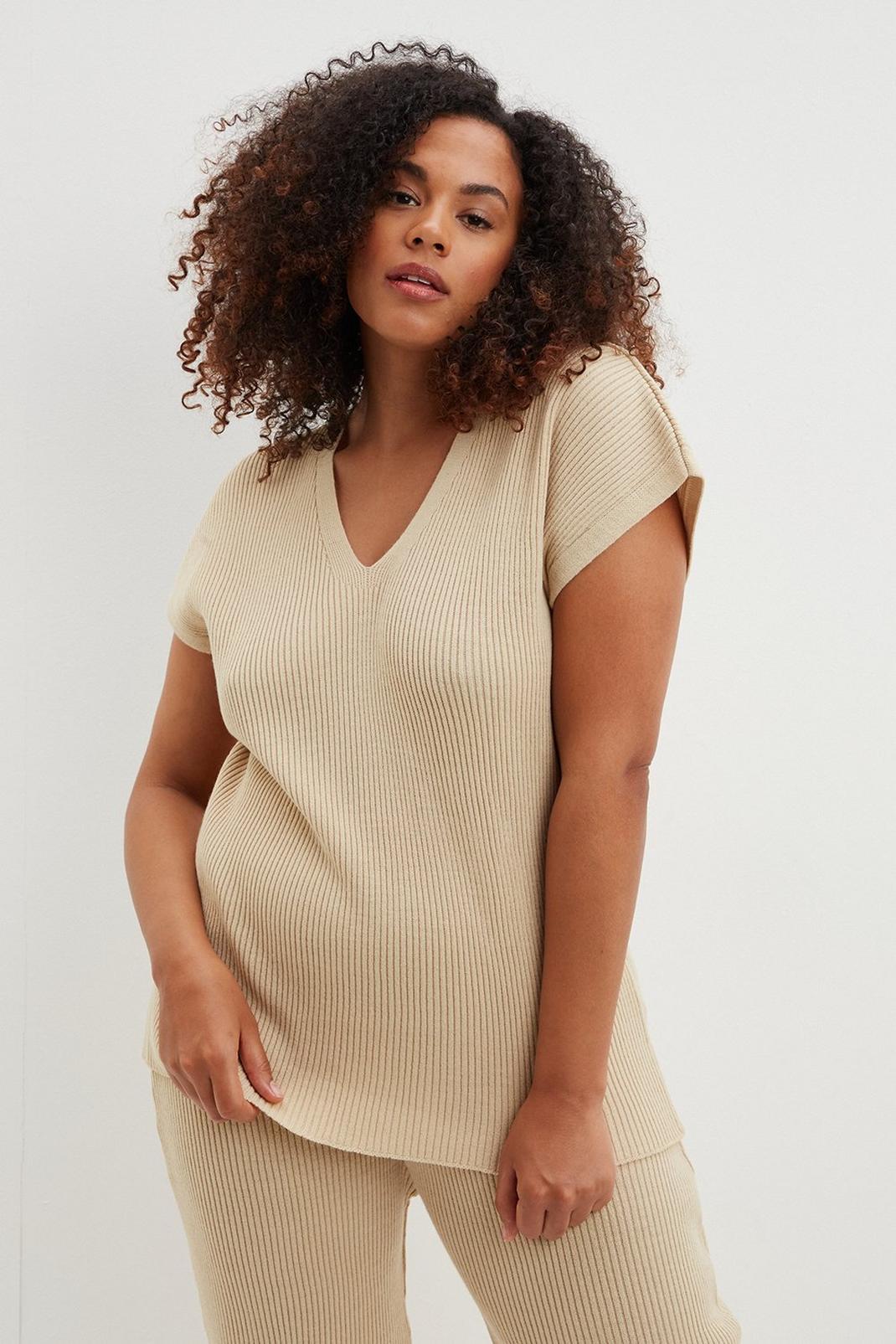 Oatmeal Curve Knitted V Neck Top image number 1