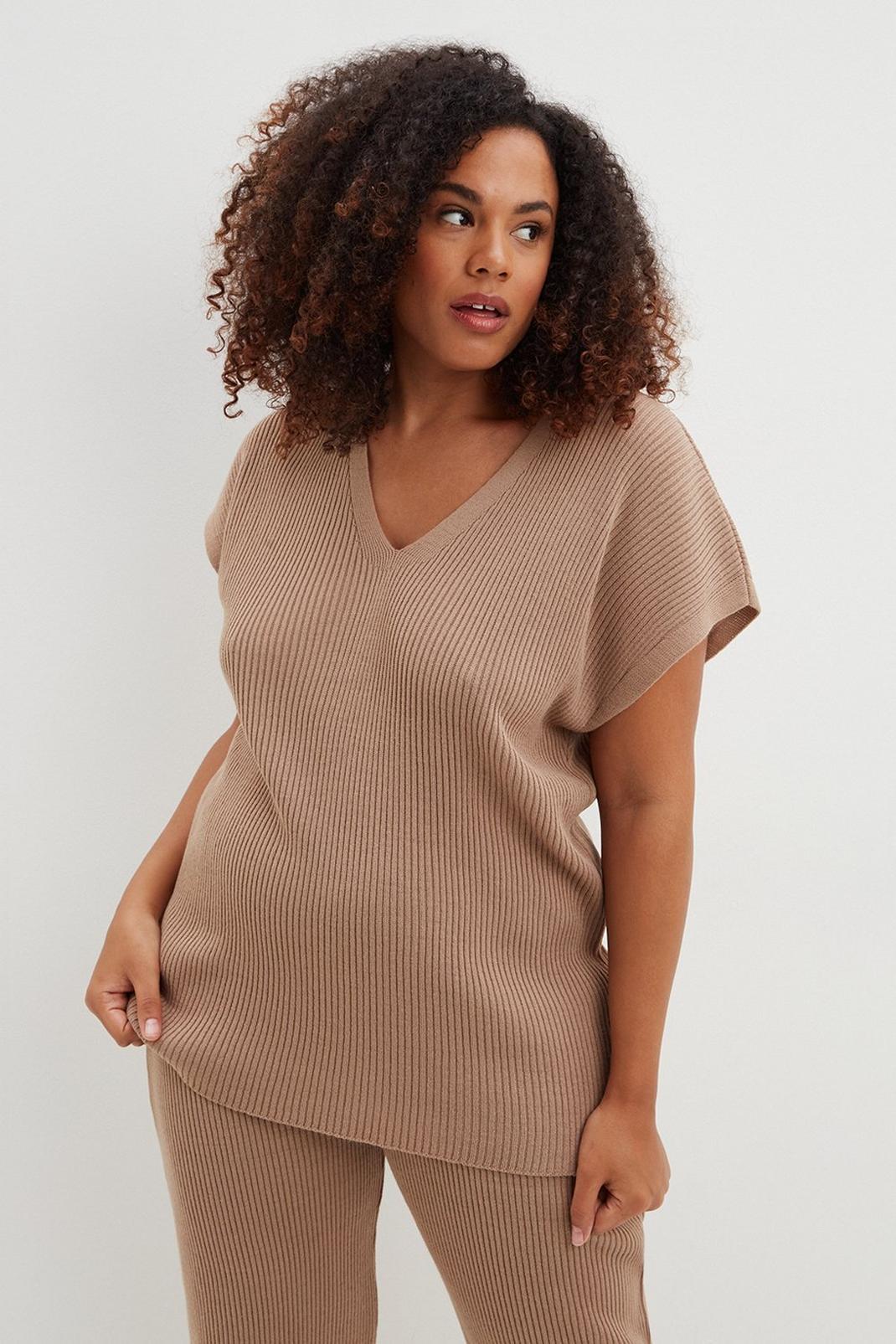 Taupe Curve Knitted V Neck Top image number 1