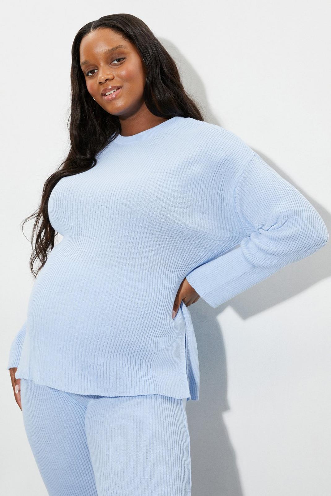 Blue Maternity Knitted Round Neck Top image number 1