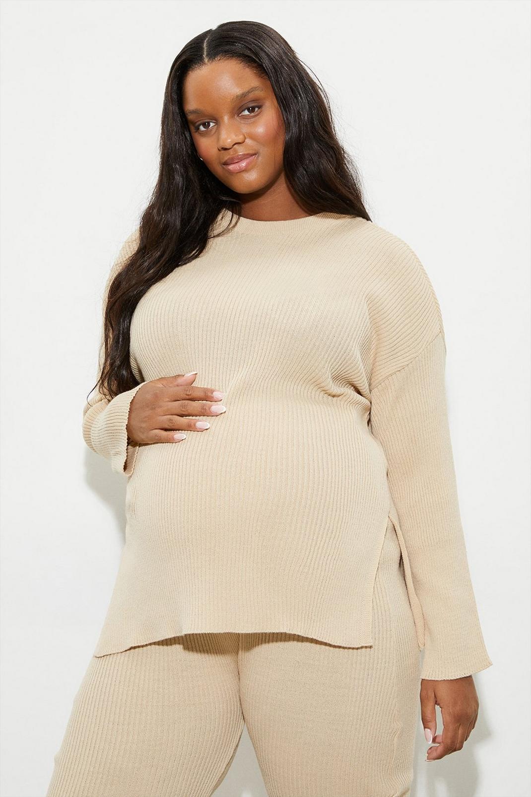 Oatmeal Maternity Knitted Round Neck Top image number 1
