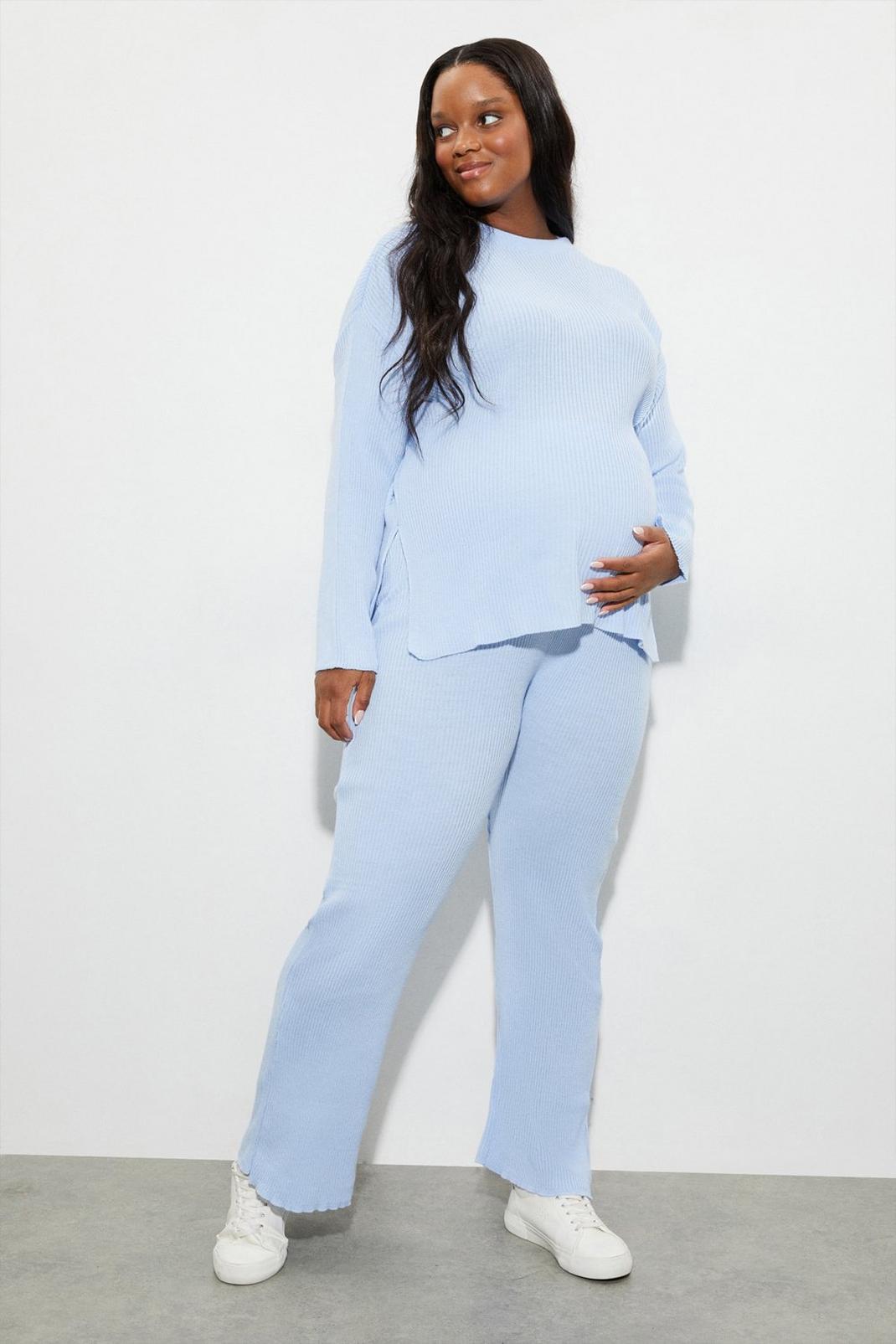Blue Maternity Knitted Ribbed Trousers image number 1
