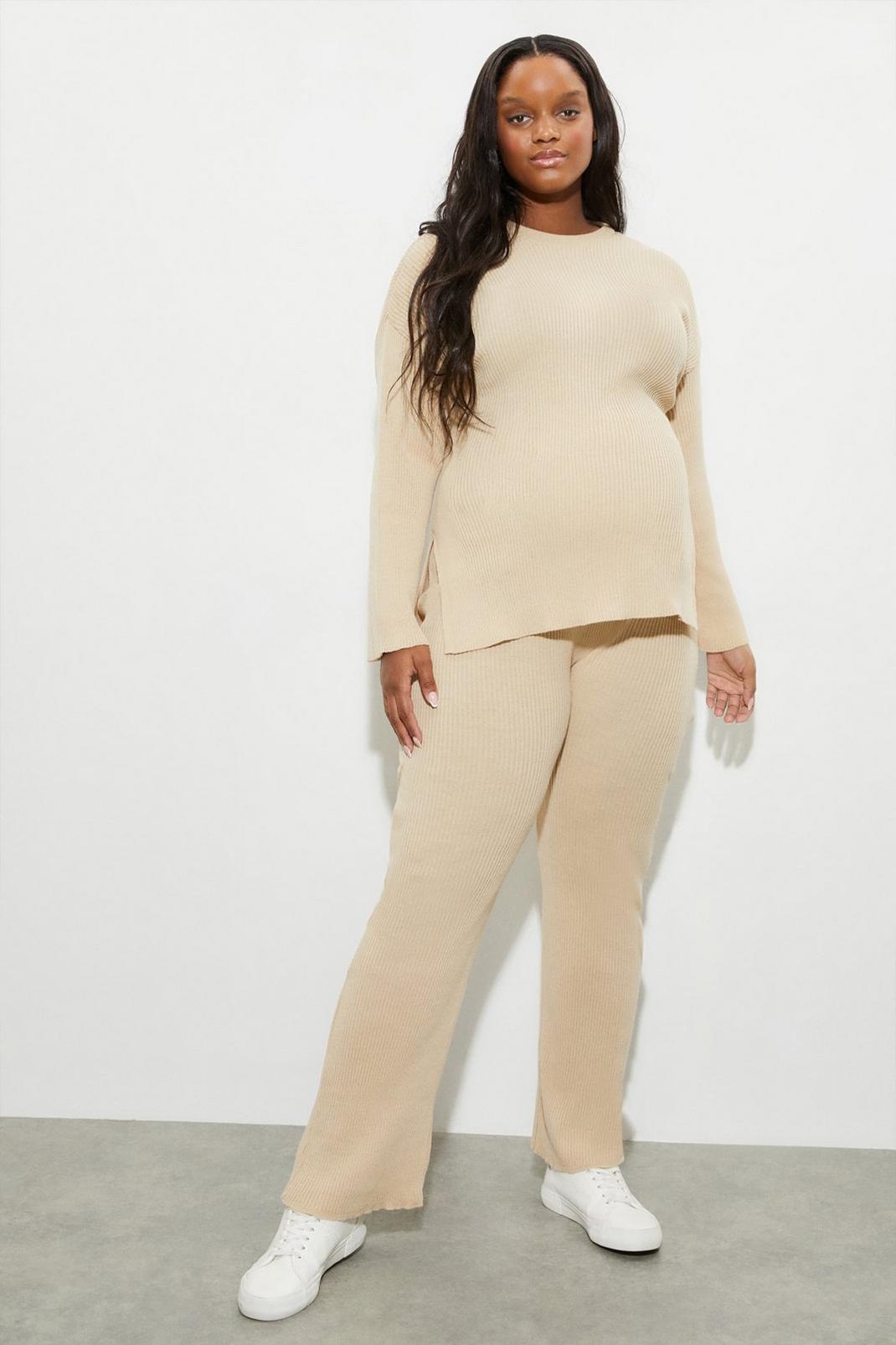 Oatmeal Maternity Knitted Ribbed Trousers image number 1