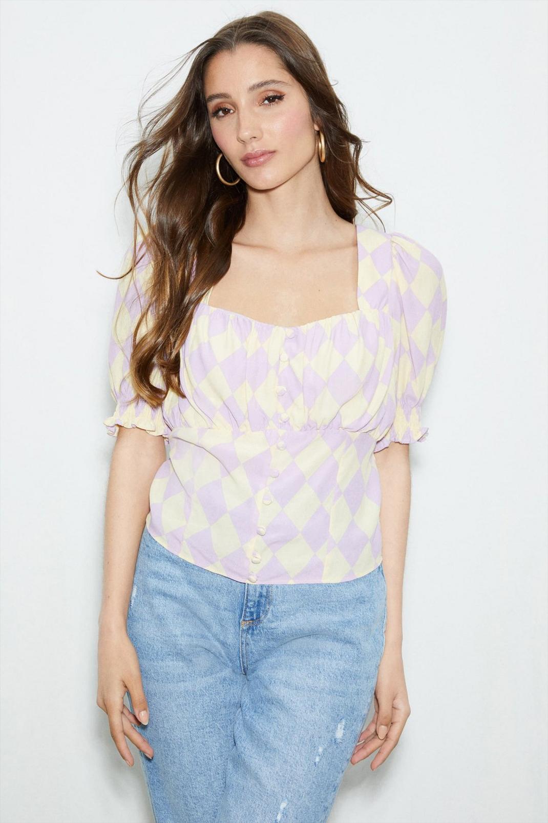 Lilac Checked Puff Sleeve Top image number 1