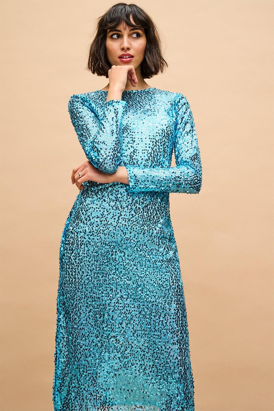 Blue Sequin Mesh Midi Dress