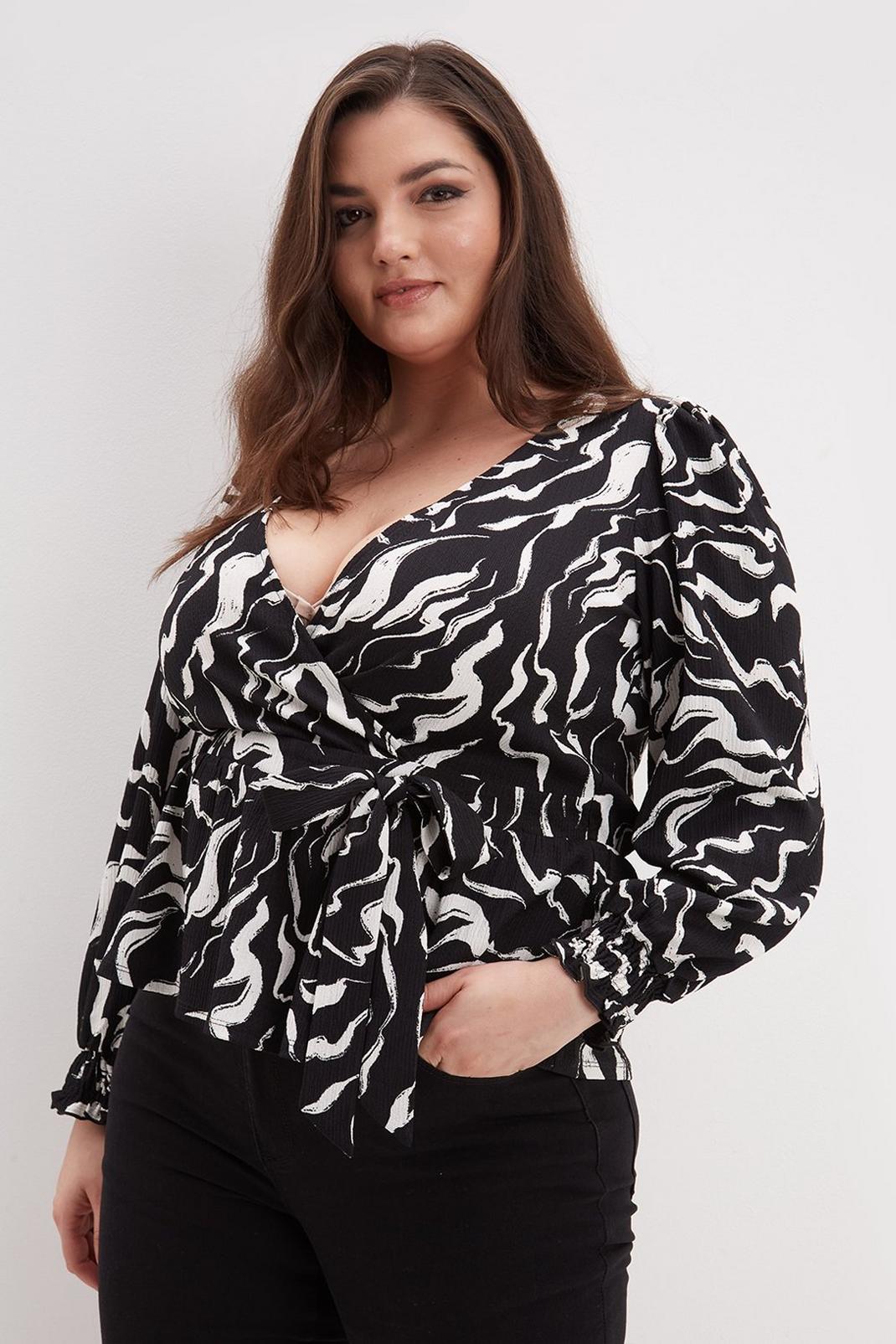 Mono Curve Printed Shirred Cuff Wrap Top image number 1