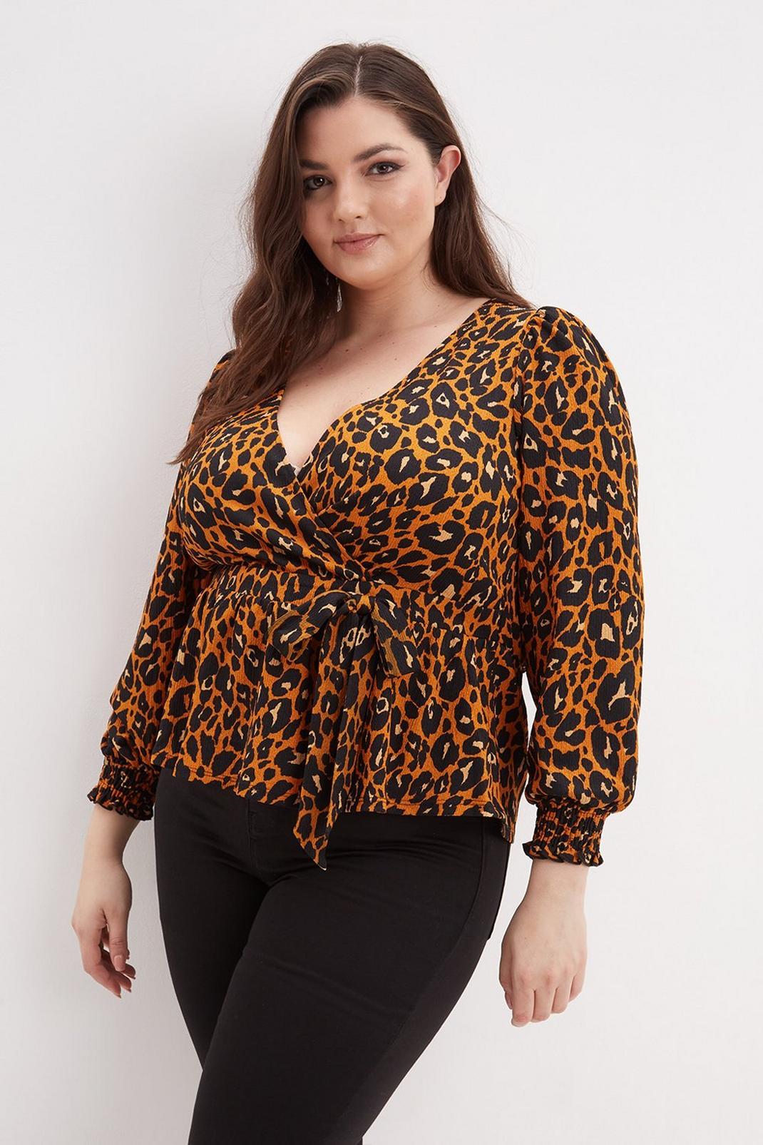 Curve Animal Print Shirred Cuff Wrap Top image number 1