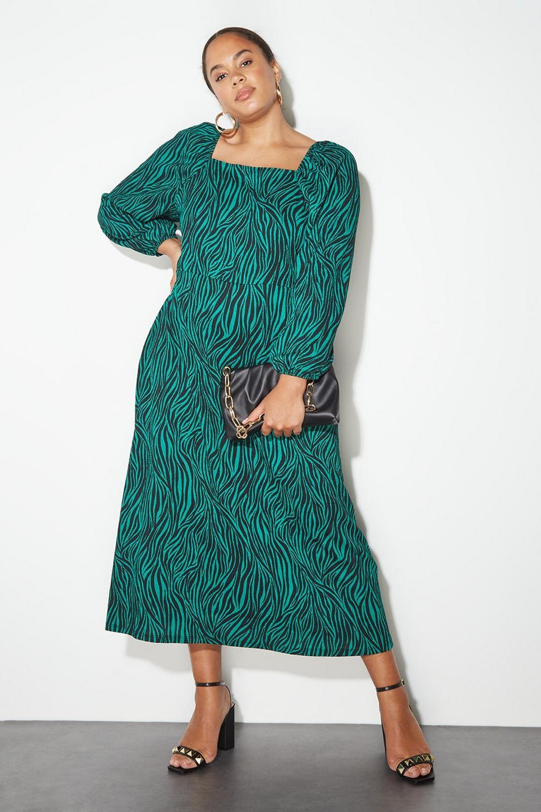 Green Curve Animal Print Square Neck Midi Dress image number 1