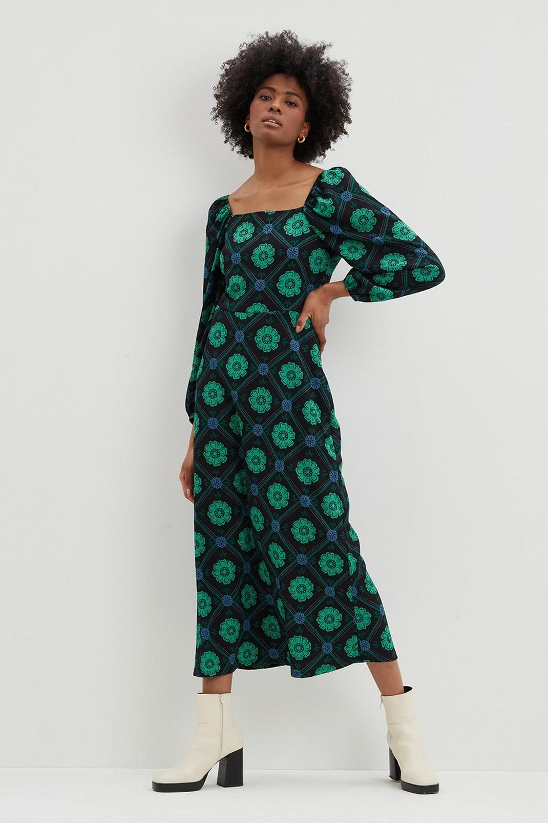 Green Tall Floral Geo Print Square Neck Midi Dress image number 1
