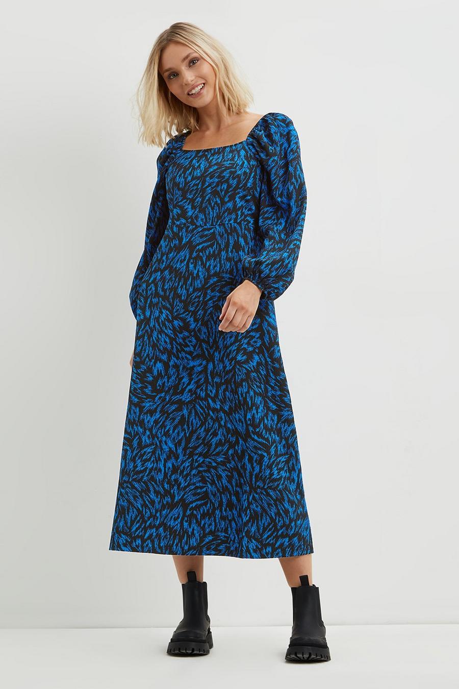 Petite Blue Printed Square Neck Midi Dress