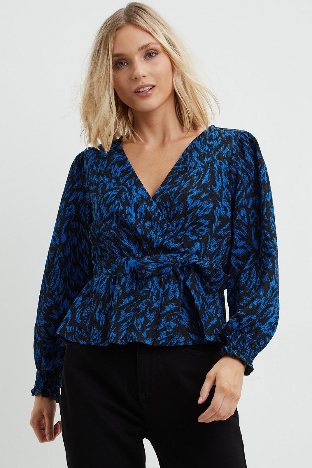 Petite Blue Printed Shirred Cuff Wrap Top image number 1