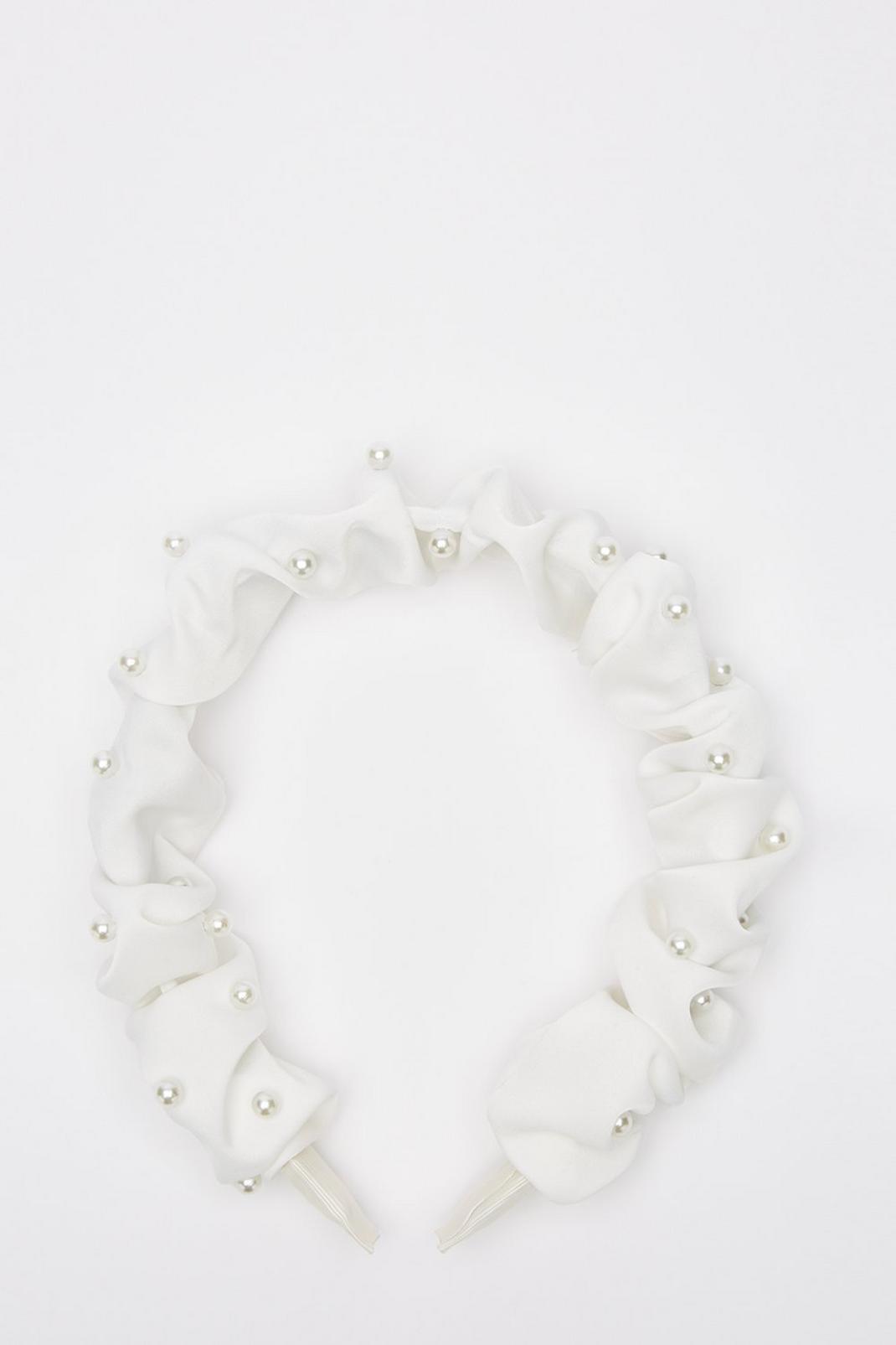 Cream Ruched Pearl Detail Headband  image number 1