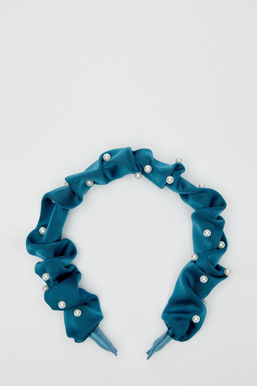 Teal Ruched Pearl Detail Headband