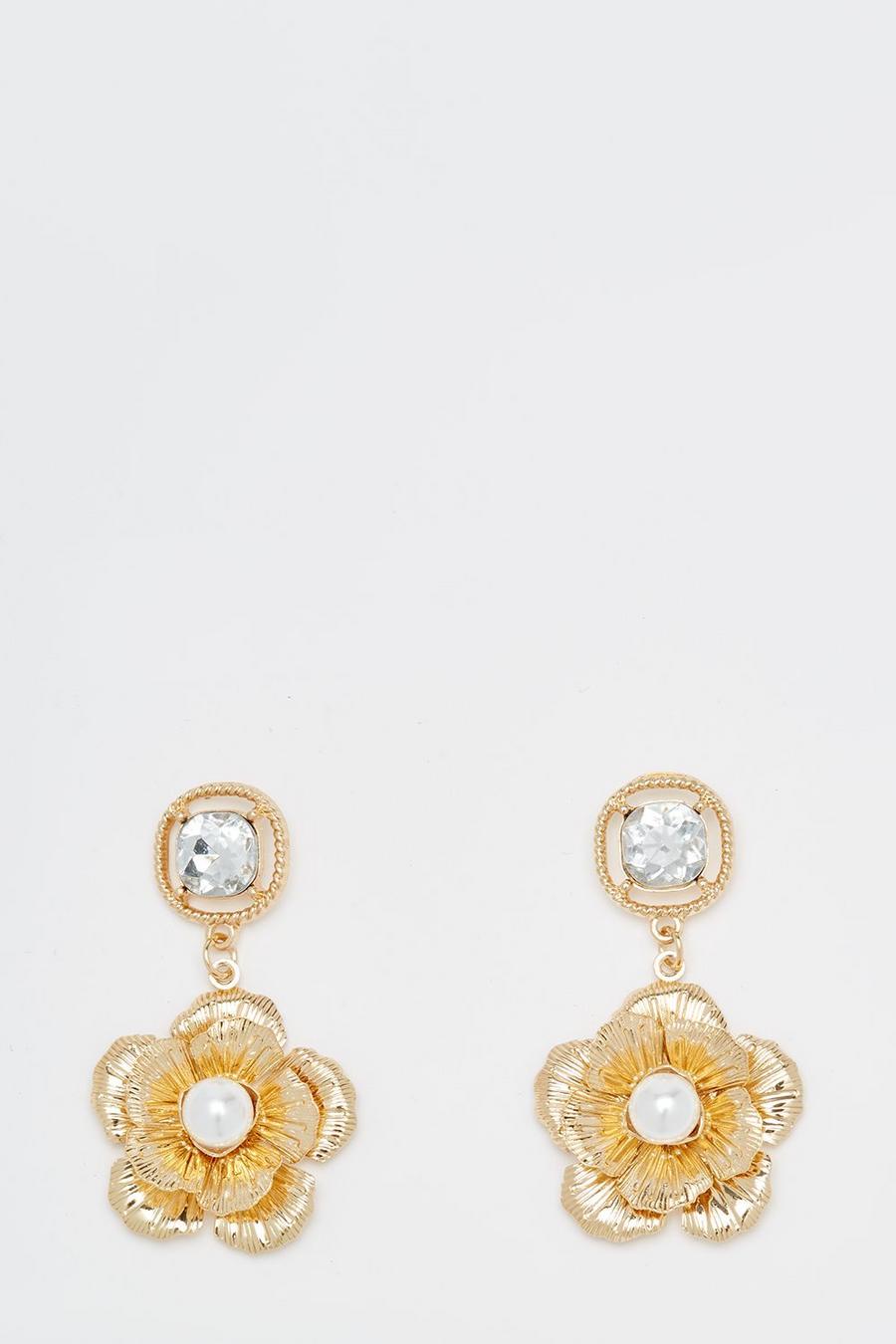 Gold Diamante Floral Drop Earrings