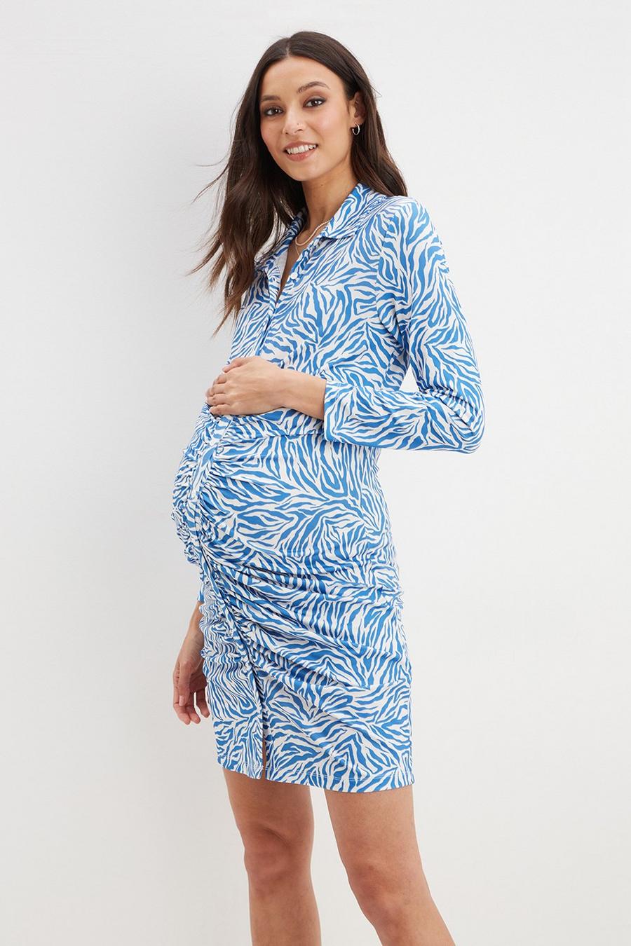 Maternity Blue Printed Collar Dress
