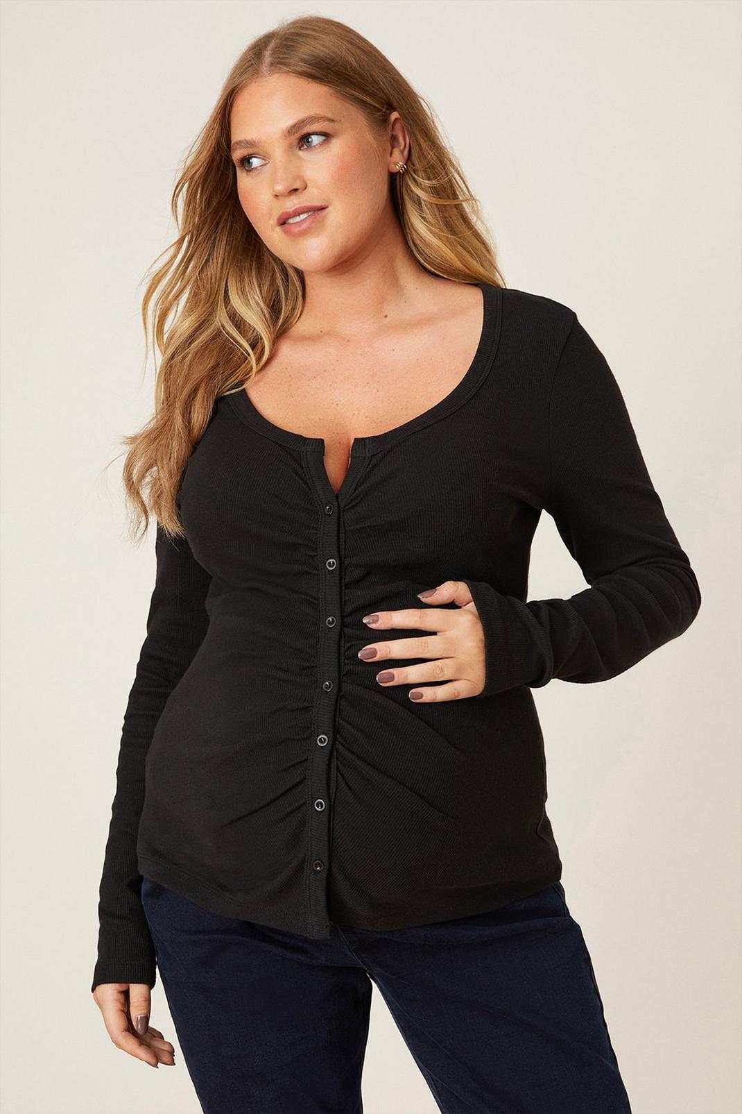 Black Maternity and Nursing Rib Button Top image number 1