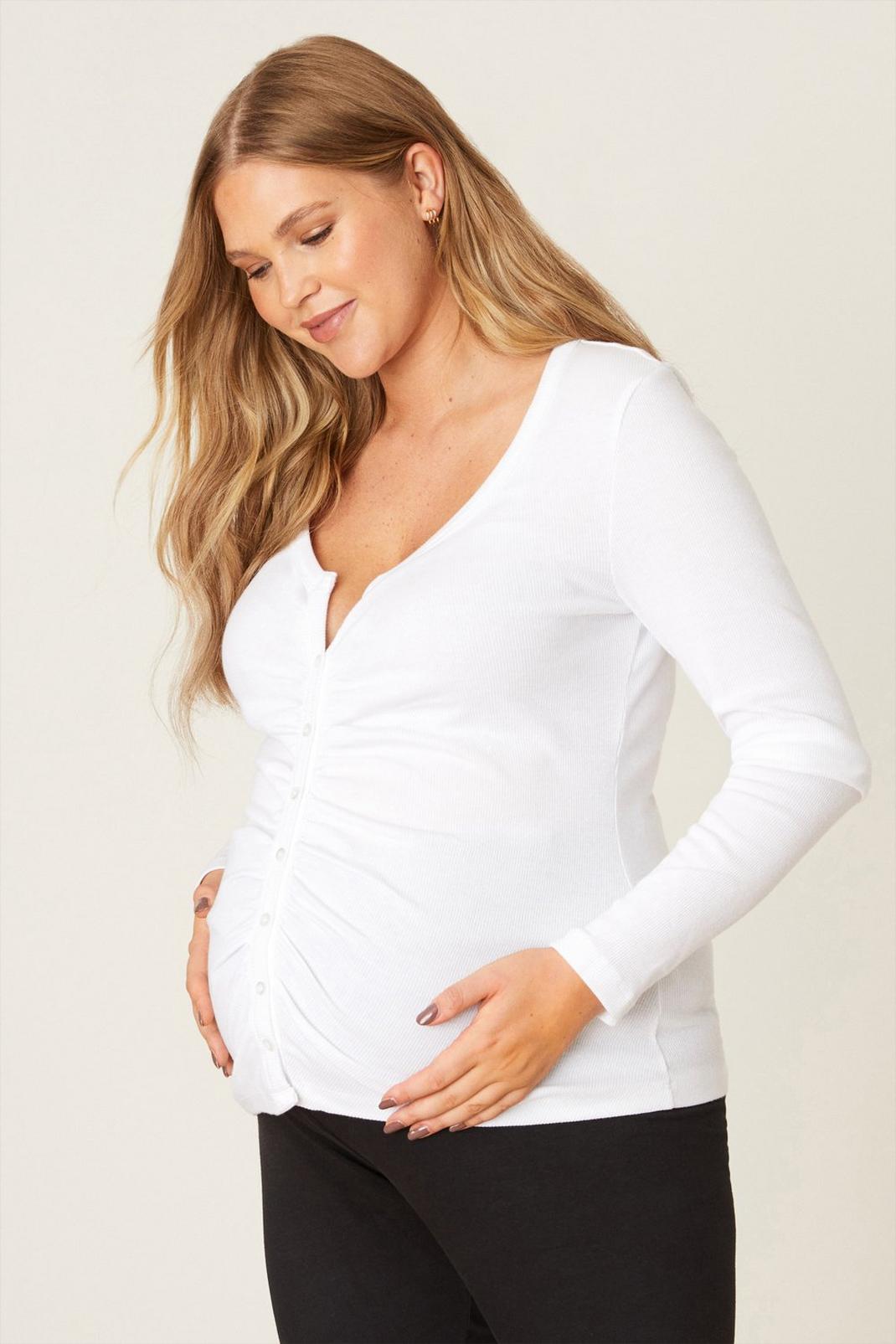 White Maternity and Nursing Rib Button Top image number 1