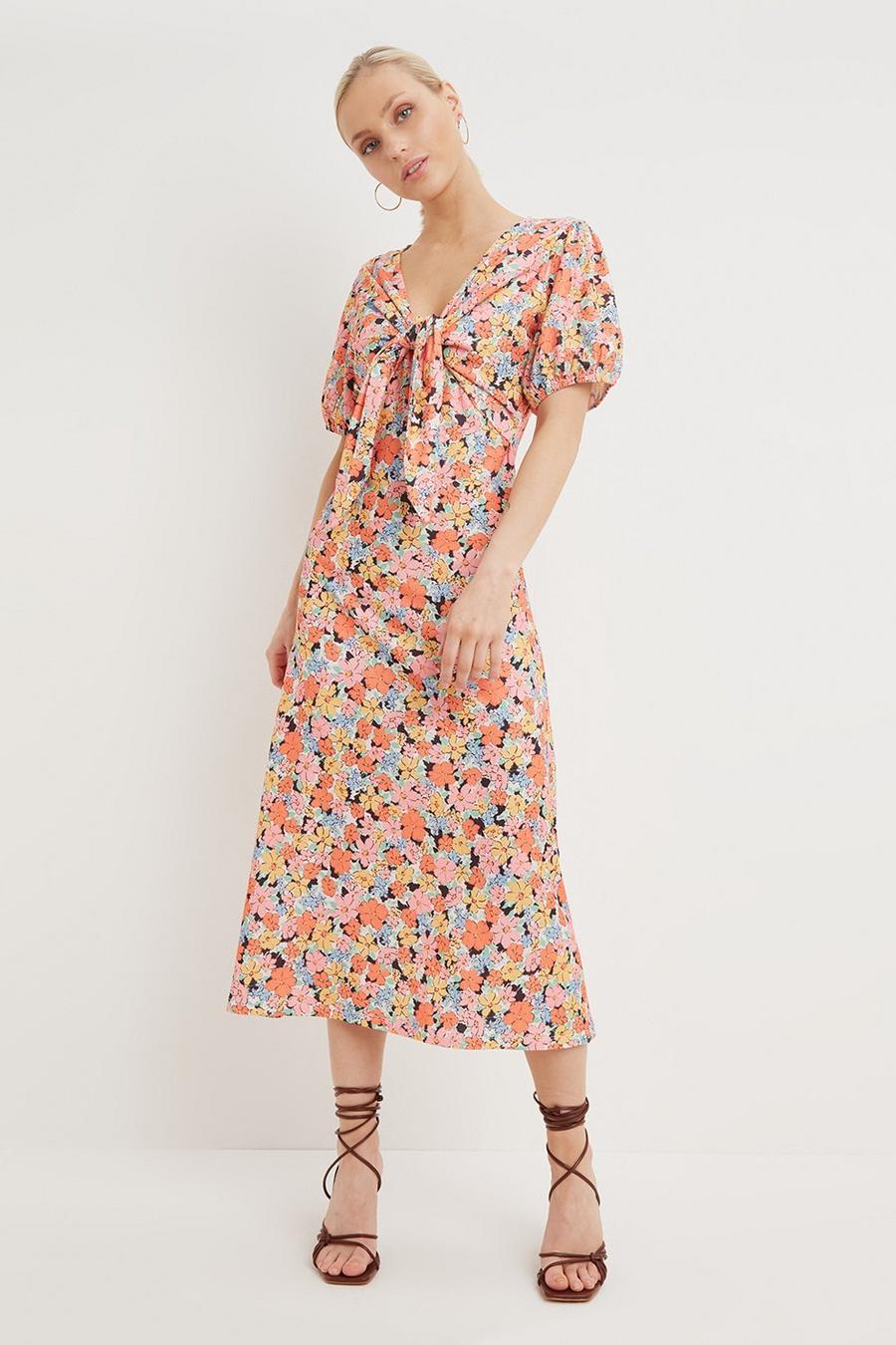 Petite Printed Woven Tie Front Dress
