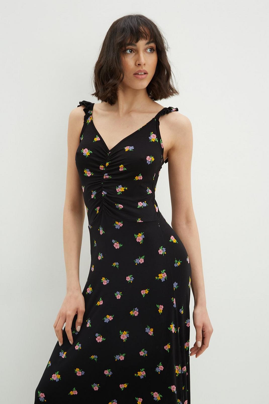Multi Tall Black Floral Ruched Front Midi Dress image number 1