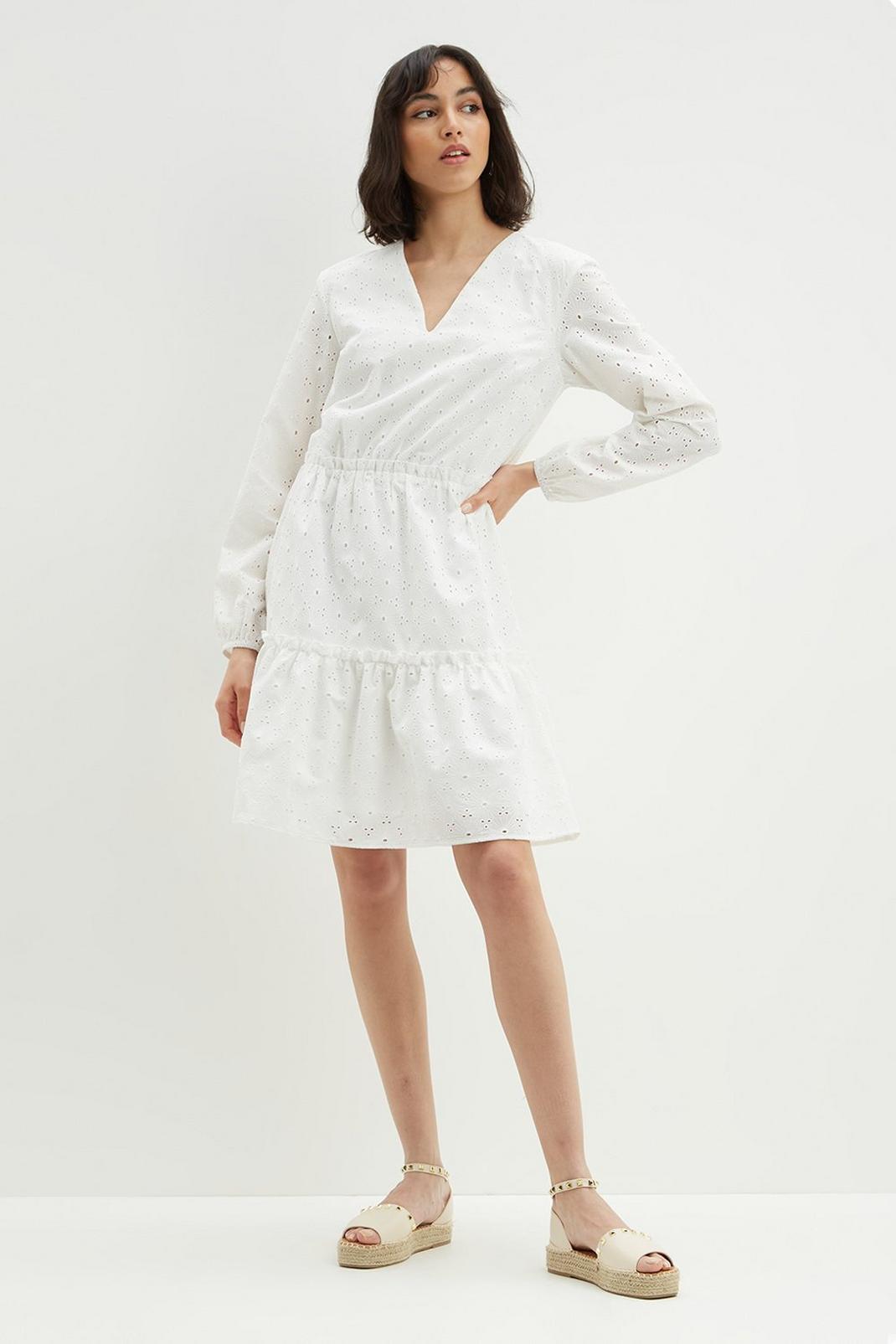 White Tall Broderie Tiered Mini Dress image number 1
