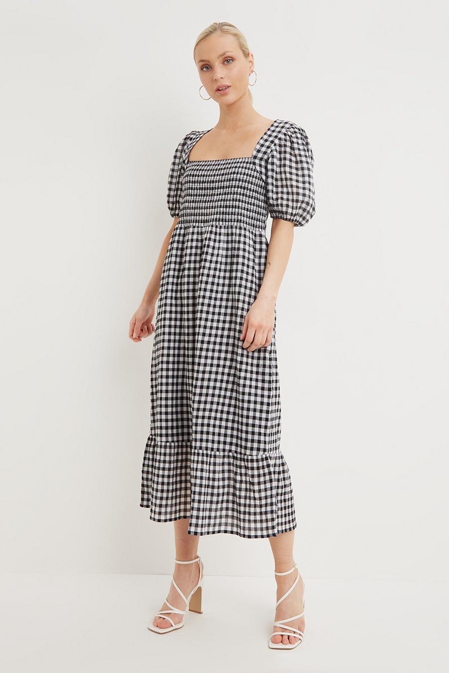 Petite Check Shirred Midi Dress