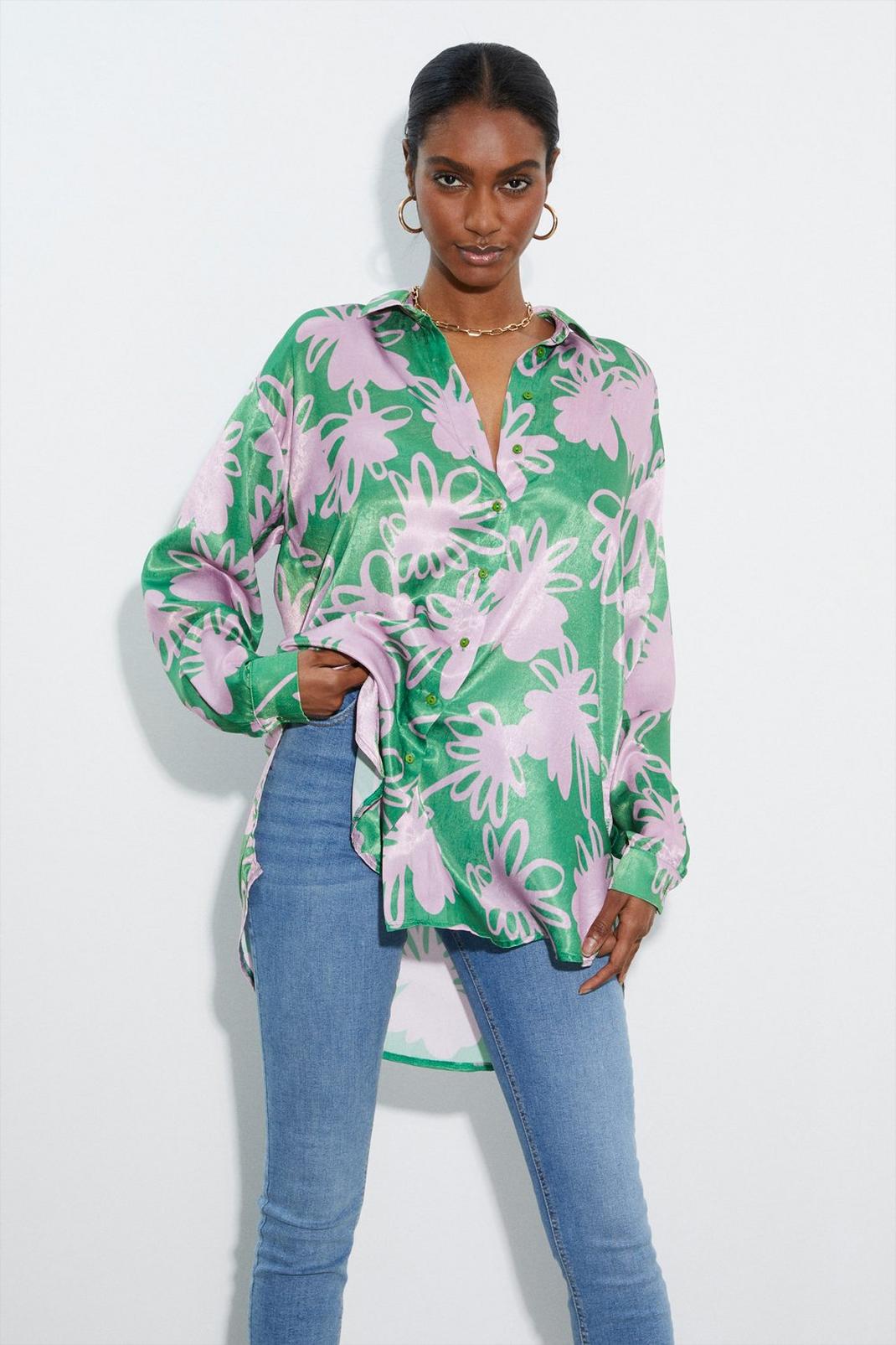 Tall Shadow Floral Oversized Satin Shirt image number 1