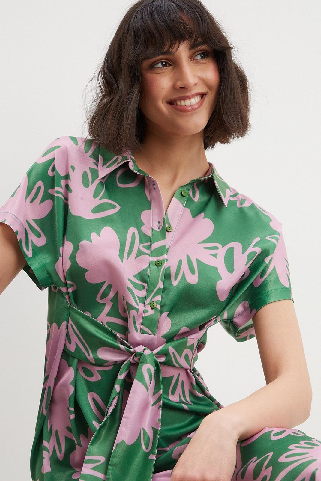 Floral Tall Satin Print Belted Shirt Midi Dress image number 1