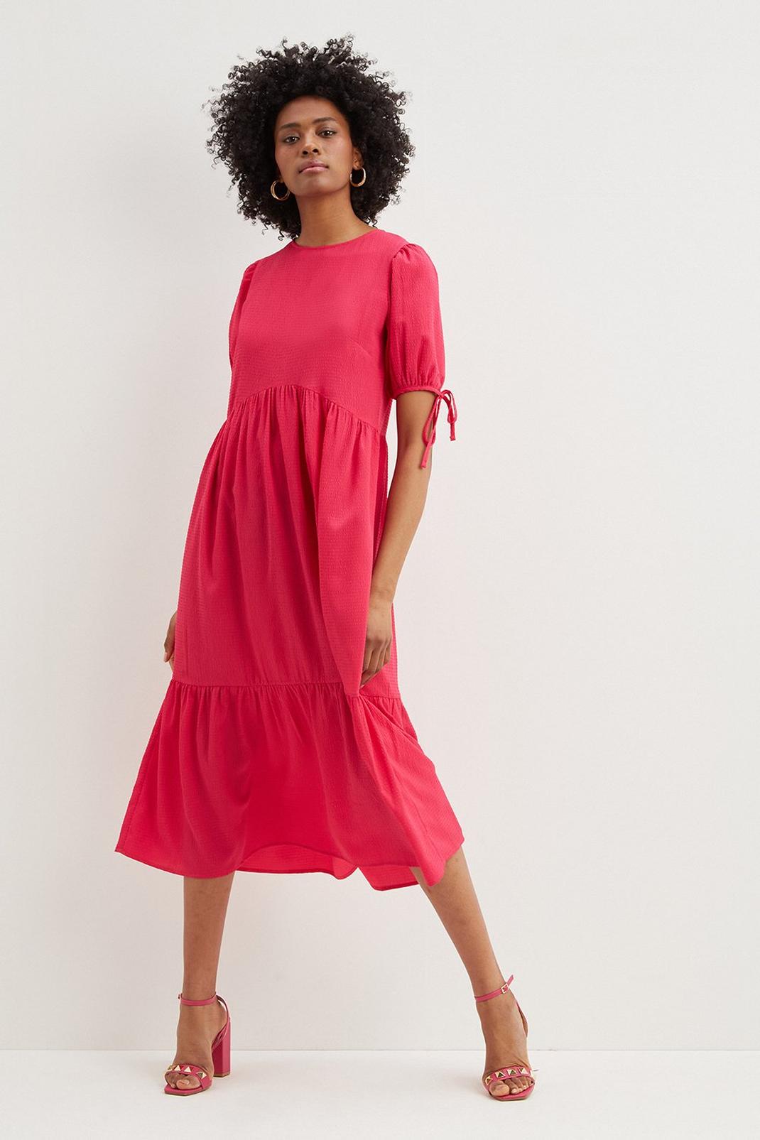 Tall Pink Puff Sleeve Tiered Midi Dress image number 1